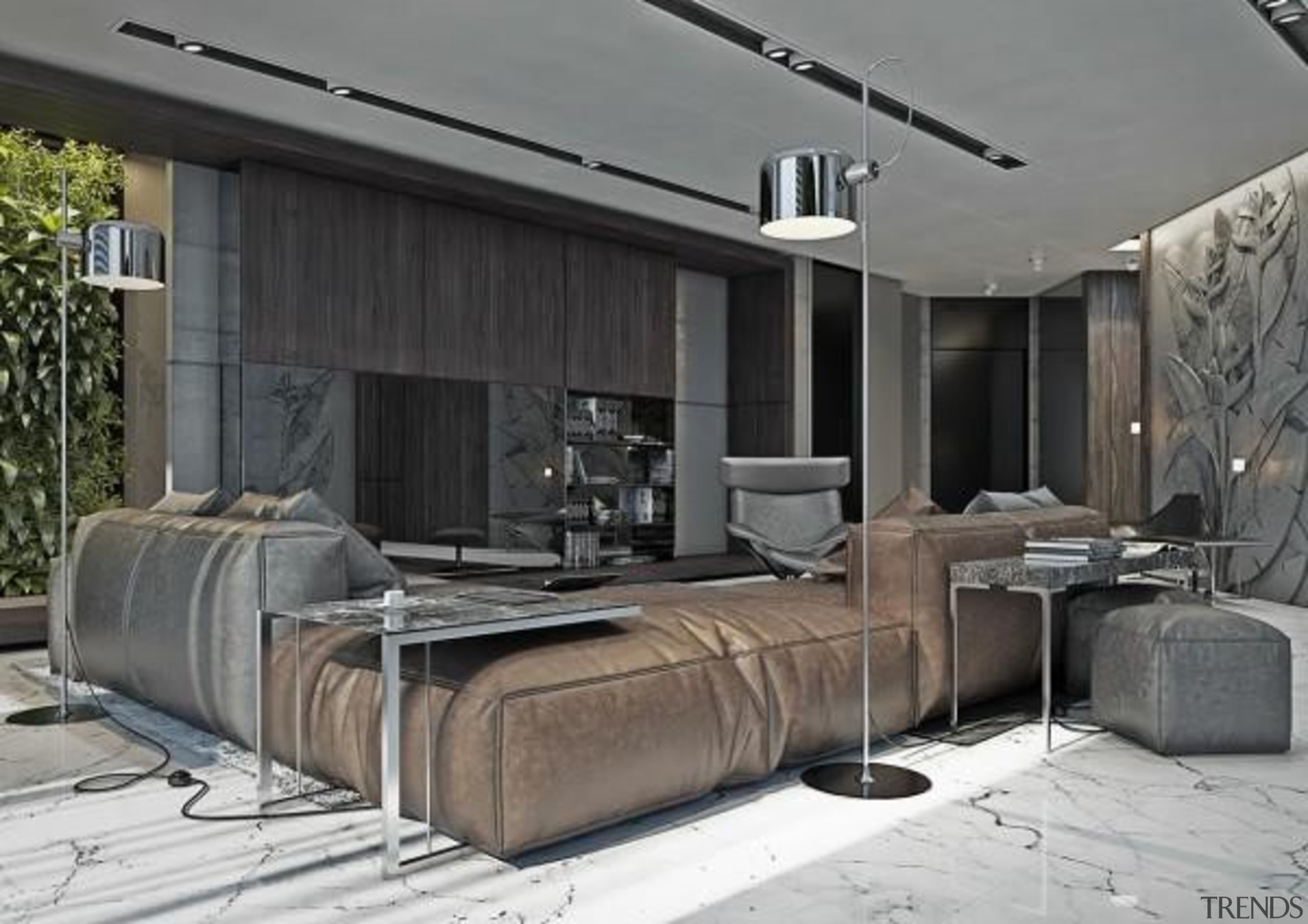 awesome leather sofa - Masculine Apartments - furniture furniture, interior design, living room, gray, black