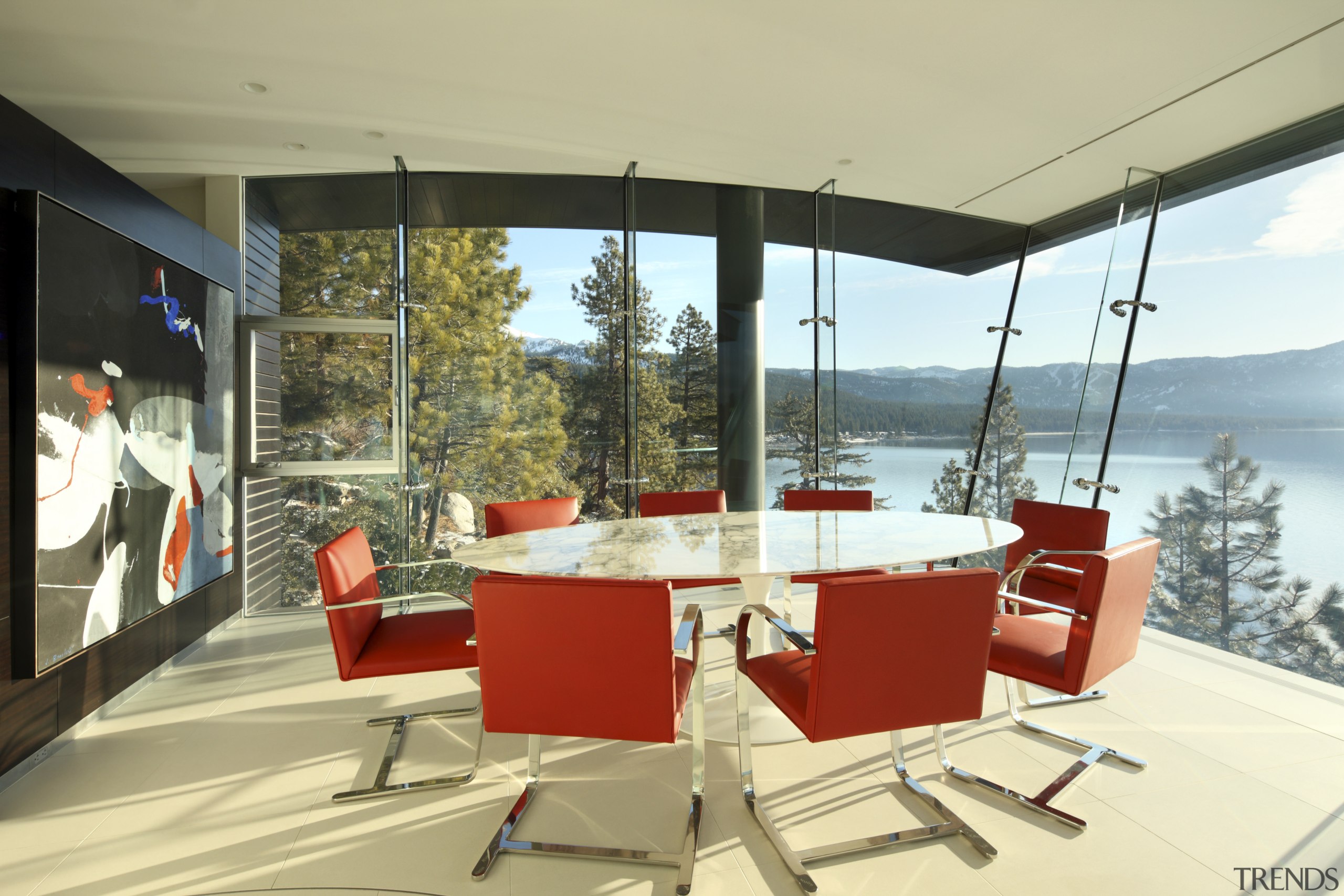 This home's interior was designed by James Laney architecture, furniture, interior design, table, yellow