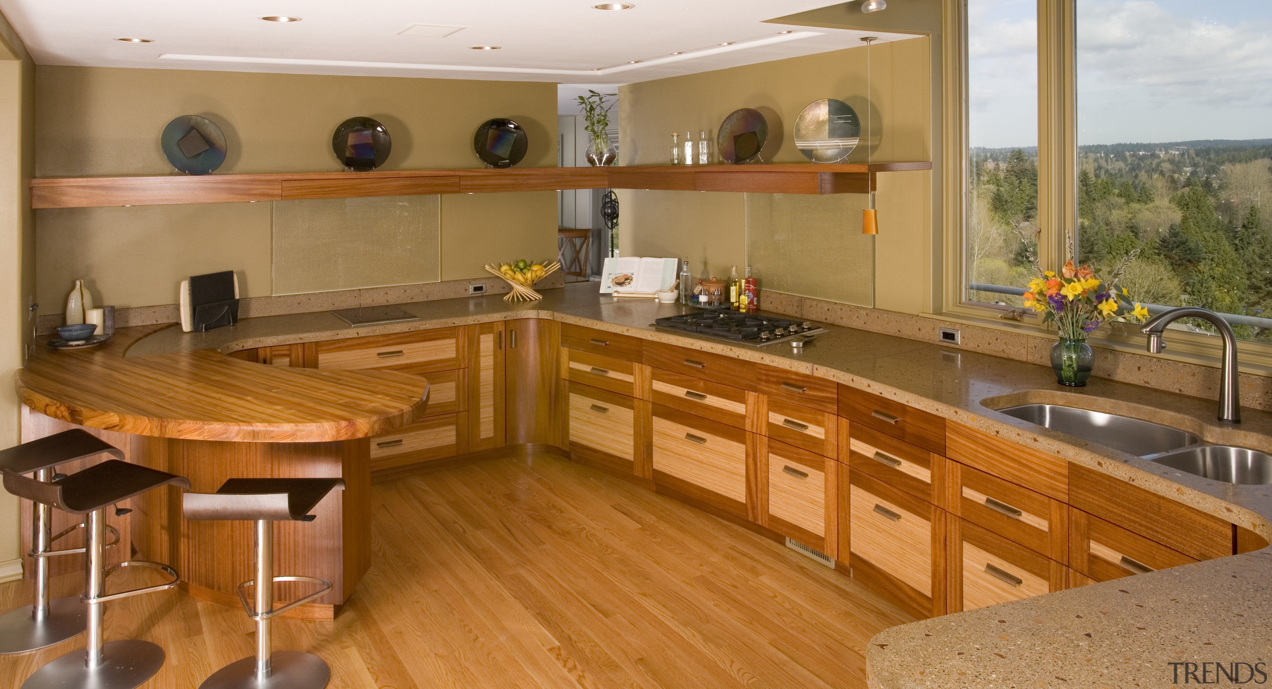 Overview of the main kitchen area - Overview countertop, flooring, hardwood, interior design, kitchen, real estate, room, wood, brown, orange
