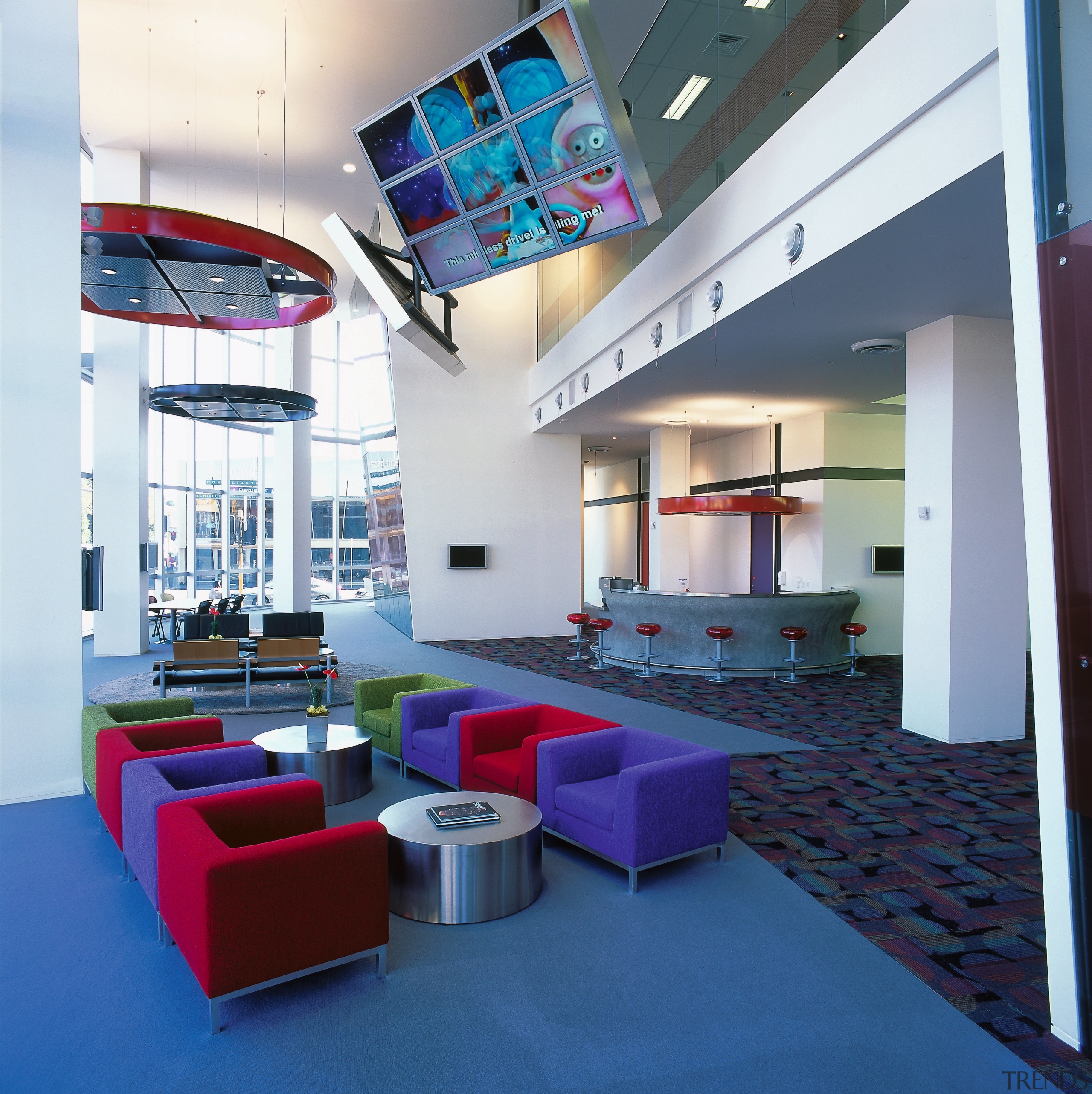 view of the reception area for the vodafone ceiling, interior design, lobby, blue, white