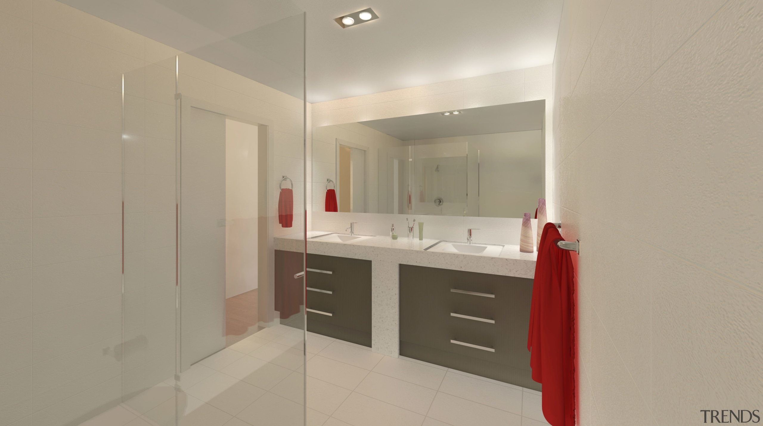 bathroom with grey drawers and orange towel. - architecture, bathroom, floor, home, interior design, property, real estate, room, gray