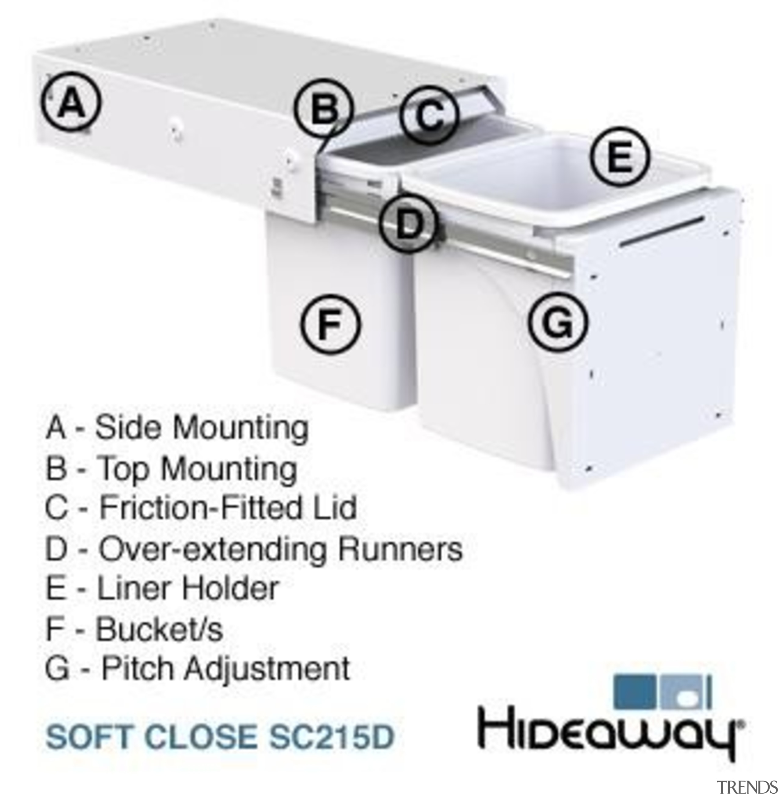 Hideaway Soft Close Range Features Diagram - Soft hardware, line, material, product, product design, technology, white