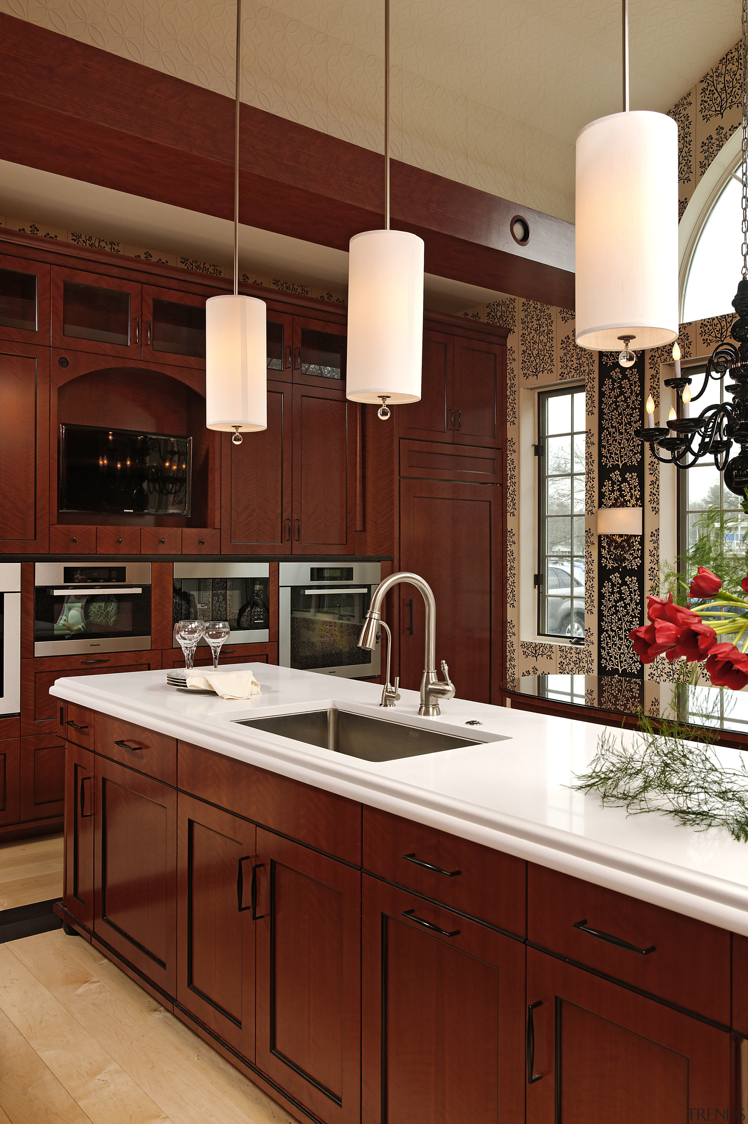 Pendants with fabric shades cast a soft light cabinetry, countertop, cuisine classique, interior design, kitchen, under cabinet lighting, red