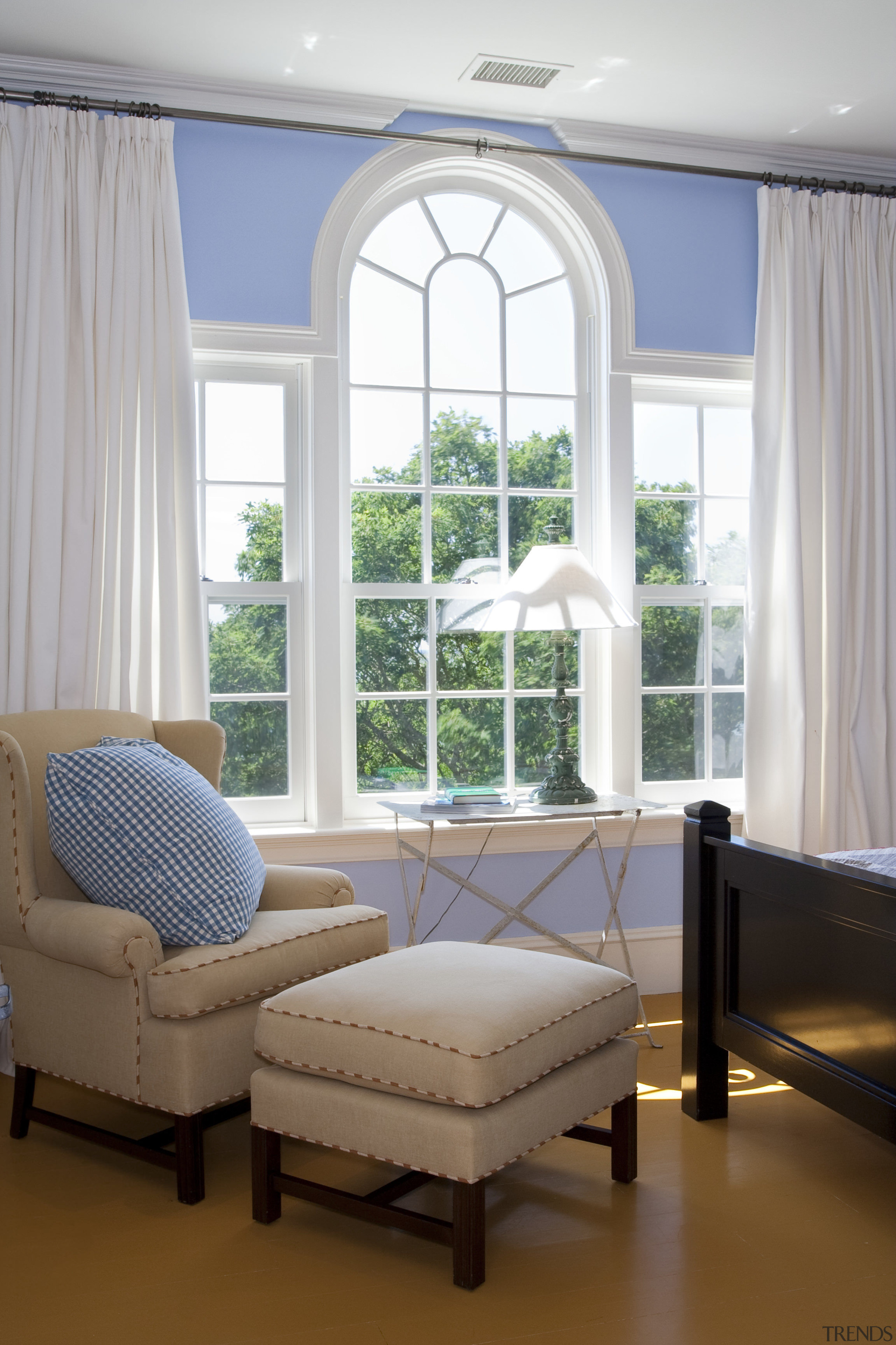 View of seating in a bedroom. - View ceiling, chair, curtain, daylighting, furniture, home, interior design, living room, room, window, window blind, window covering, window treatment, gray, brown