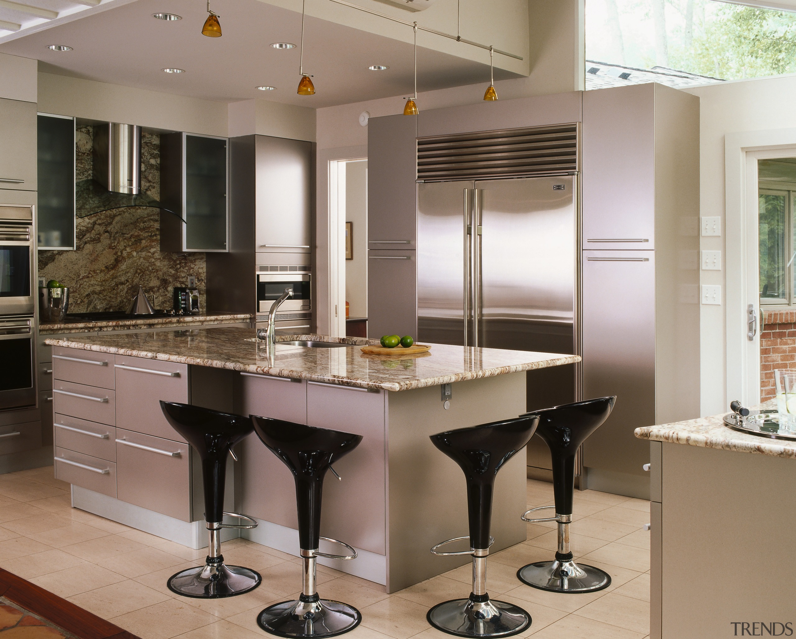 A view of the kitchen area, tiled floor, cabinetry, countertop, cuisine classique, interior design, kitchen, gray, brown