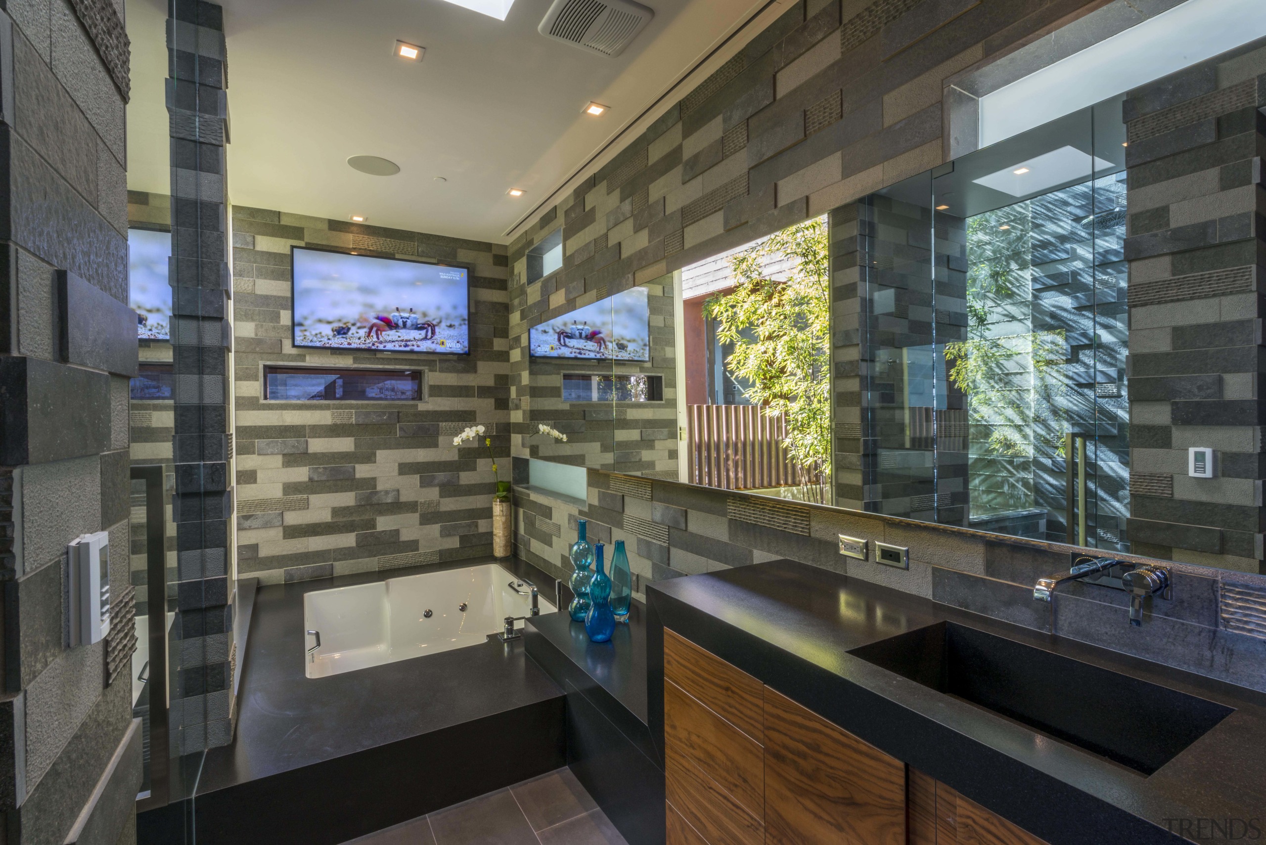 Light spills into this new master ensuite through interior design, real estate, black, gray