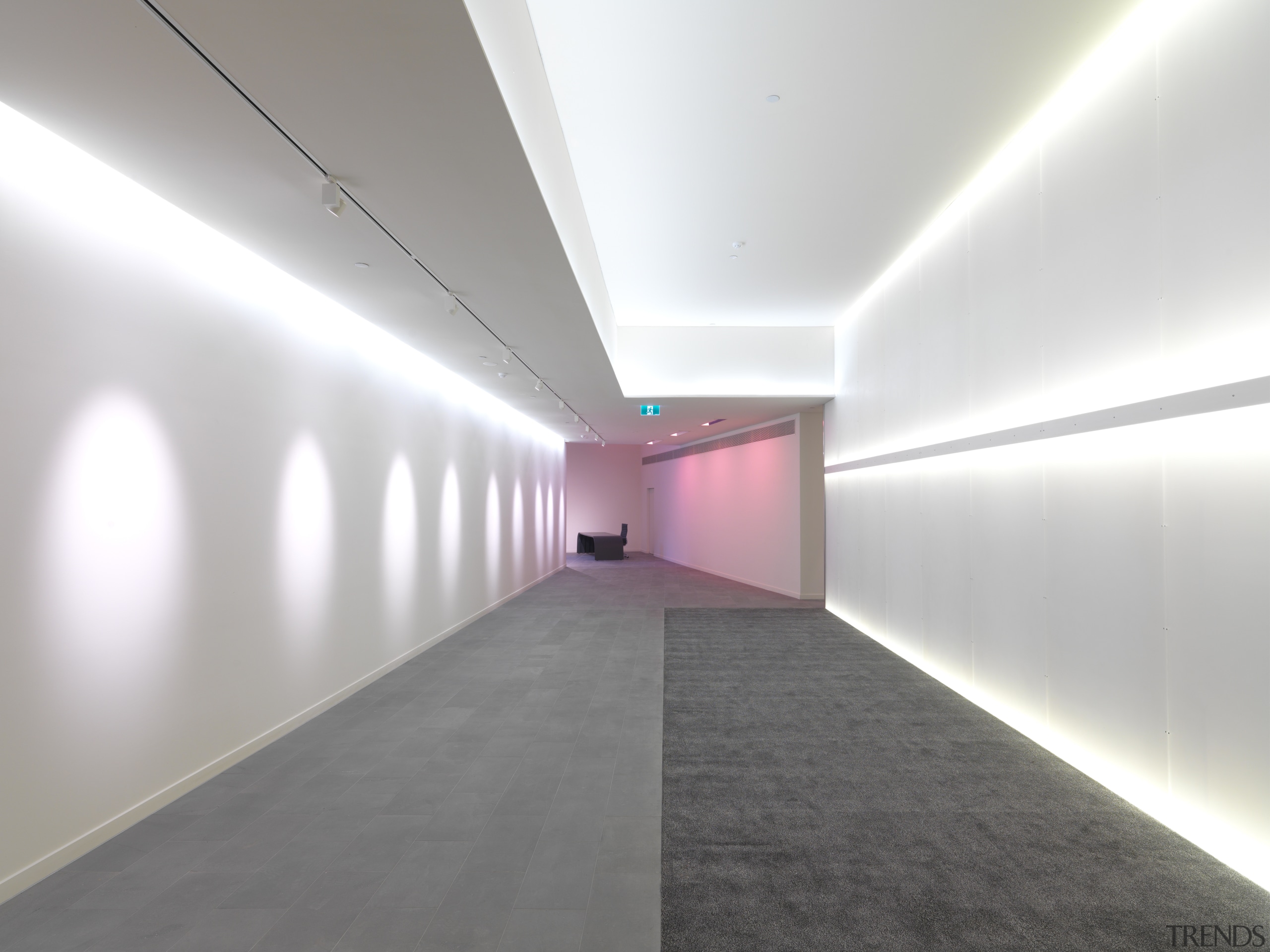 View of a passage at the Tripych residential architecture, ceiling, daylighting, floor, infrastructure, interior design, light, white, gray