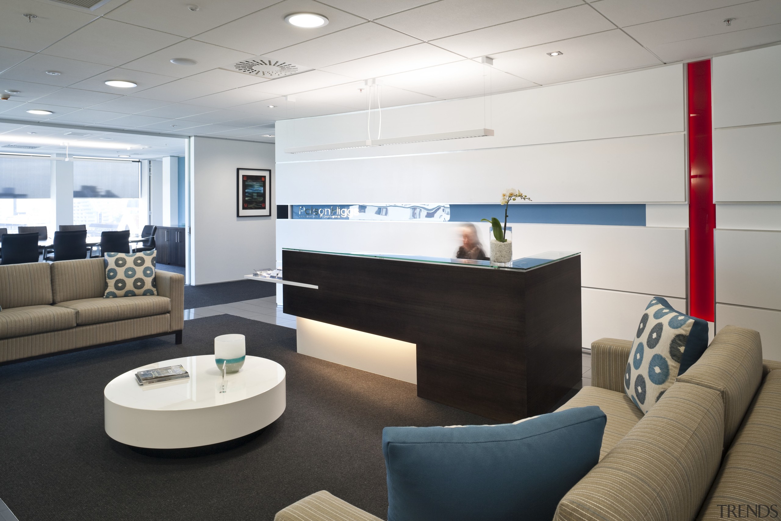 View of the Club Tower offices in Christchurch, ceiling, interior design, lobby, office, product design, white, black