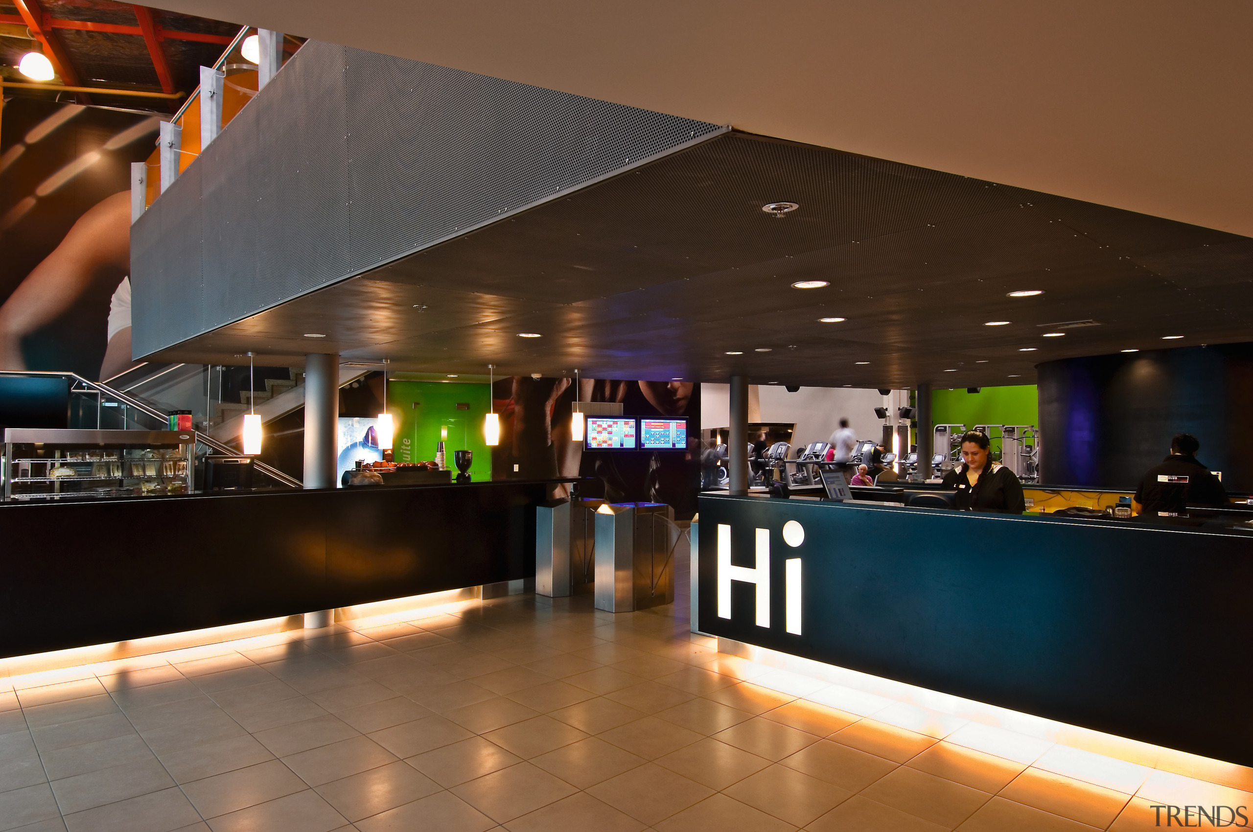 view of the reception desk area with large interior design, black, brown