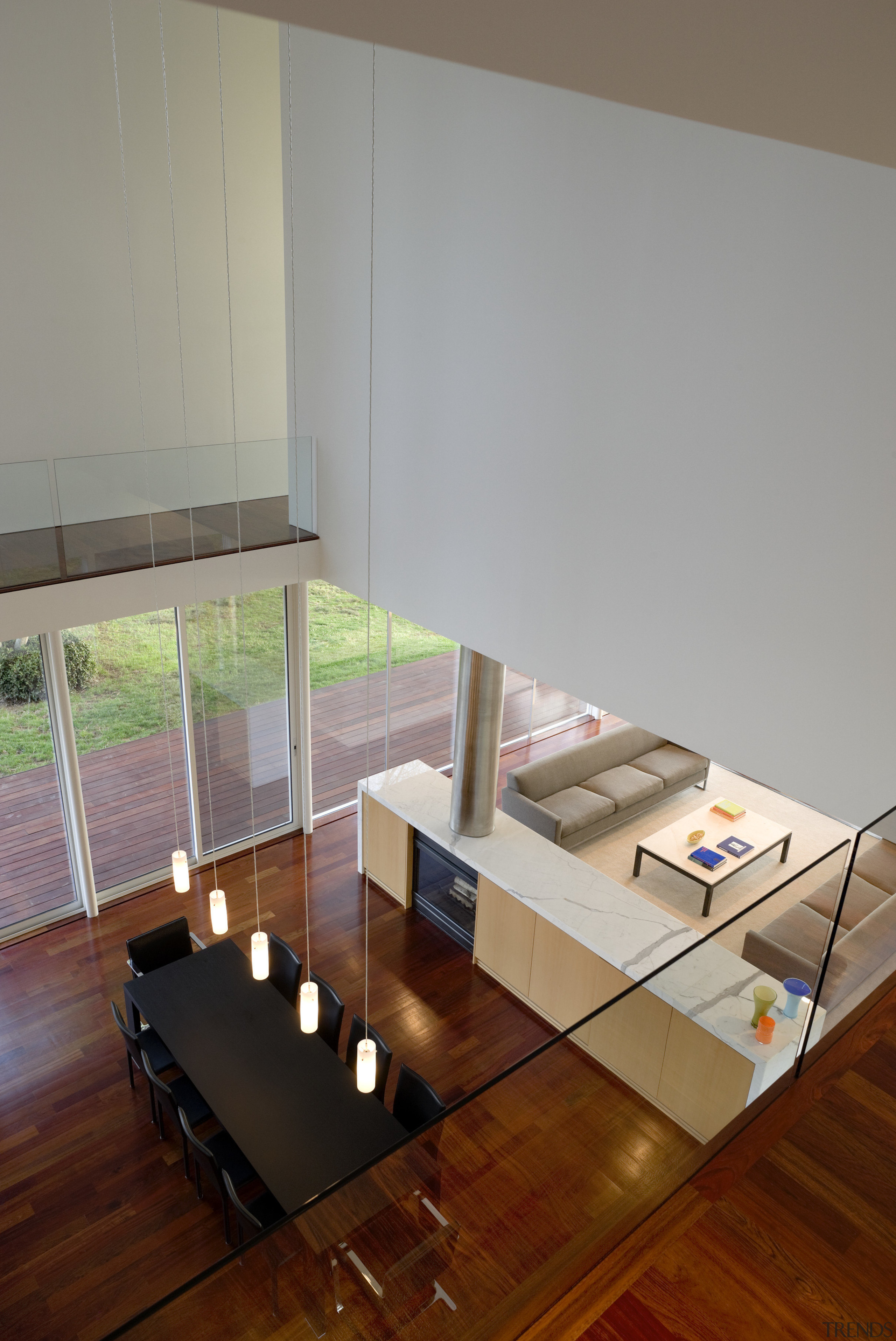 High angle shot of first floor. - High architecture, coffee table, daylighting, floor, flooring, furniture, glass, hardwood, house, interior design, product design, table, wood, gray