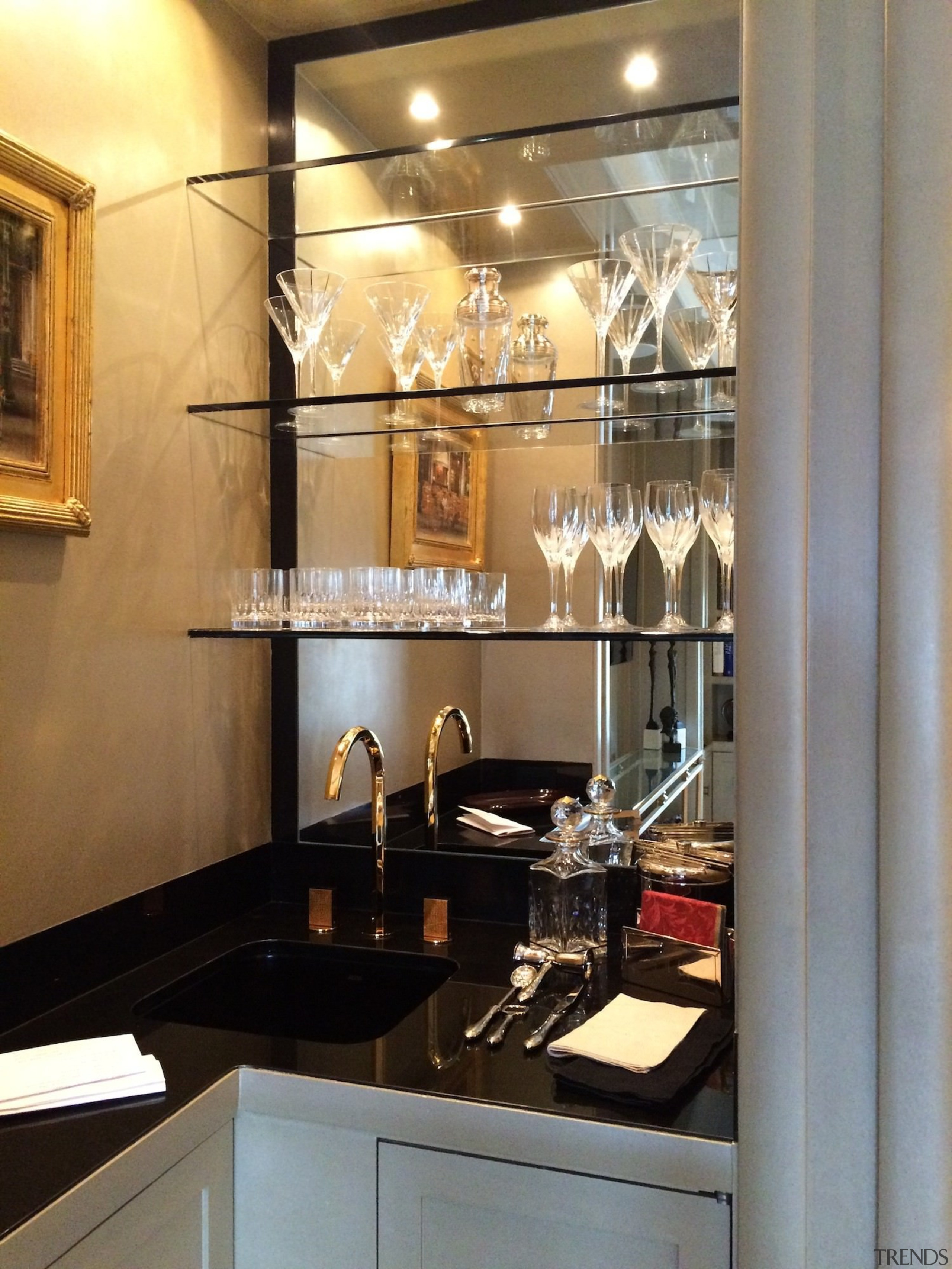 This small bar is tidy and elegant - cabinetry, ceiling, countertop, interior design, kitchen, room, under cabinet lighting, gray