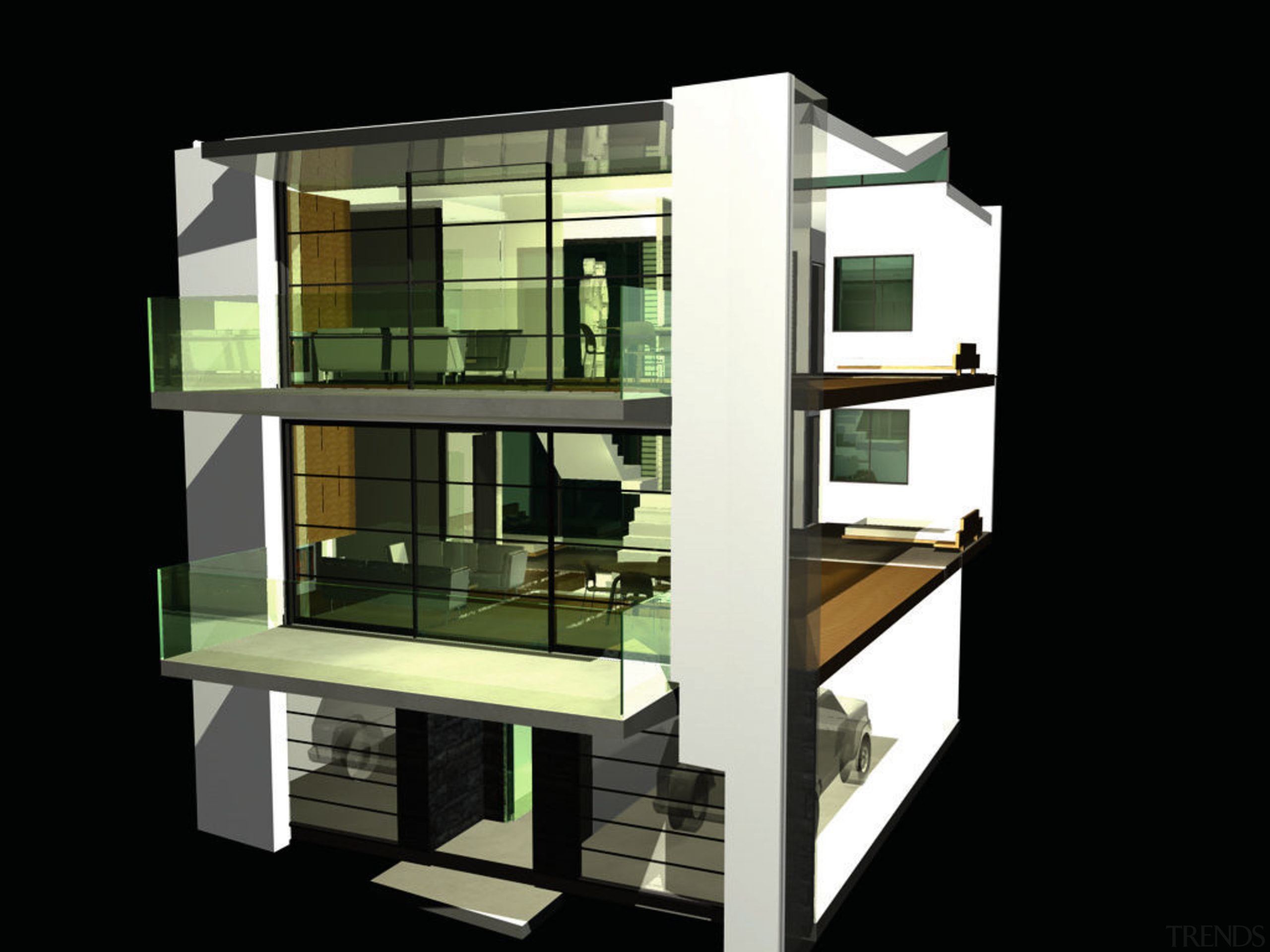 Cutaway diagram of three level apartment. - Cutaway architecture, building, condominium, elevation, facade, product design, shelf, shelving, black