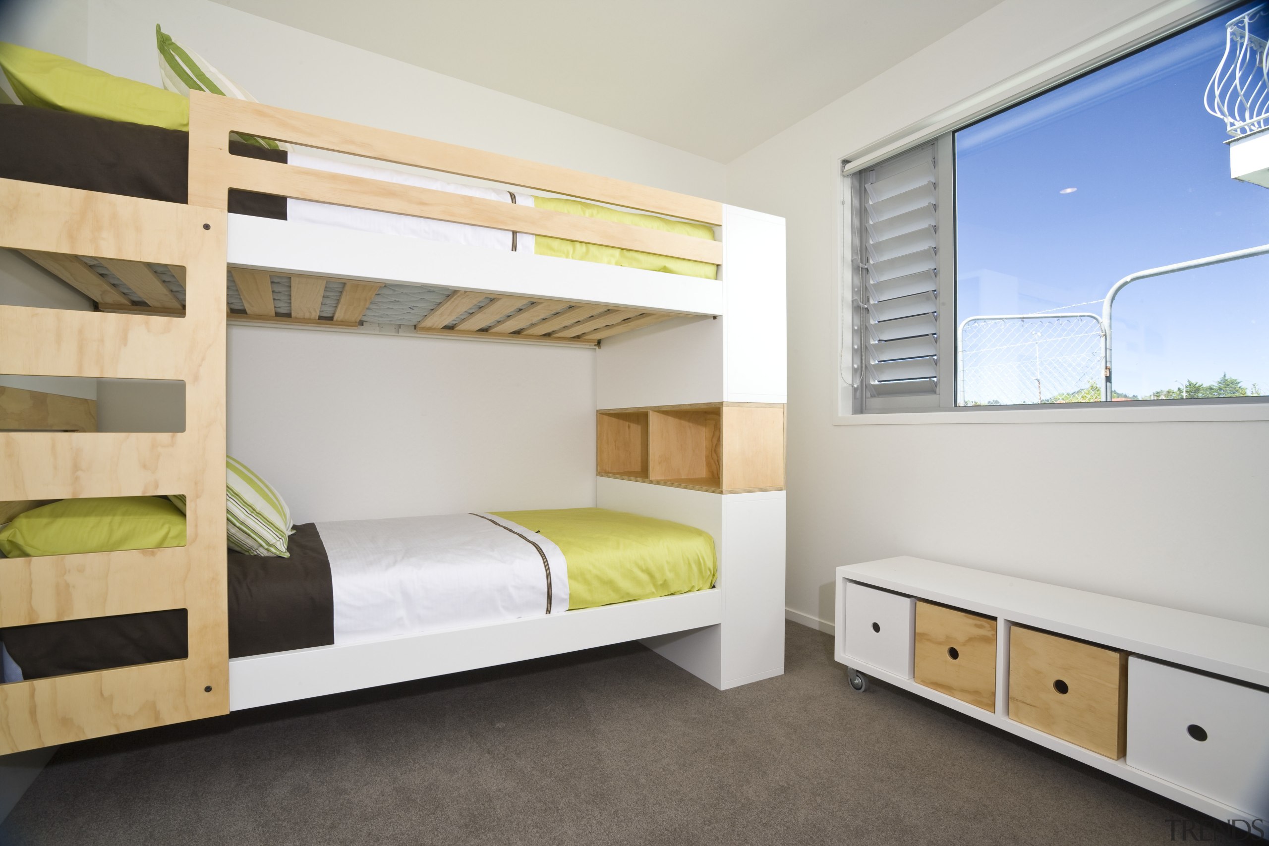 View of a bunk room with bunk beds, bed frame, bedroom, furniture, interior design, property, real estate, room, white