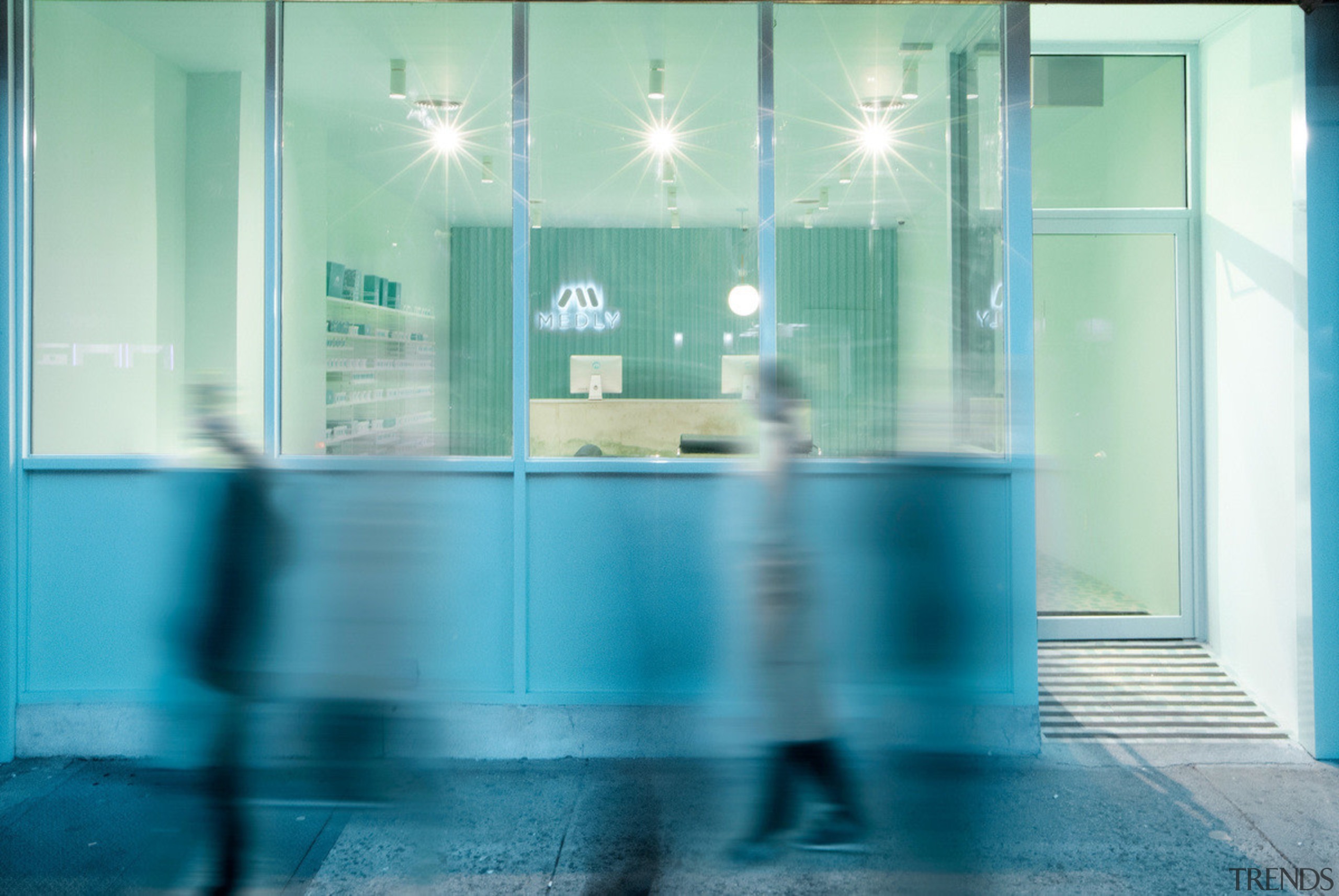 Sergio Mannino Studio designed this pharmacy to be architecture, blue, floor, glass, interior design, leisure centre, light, window, teal