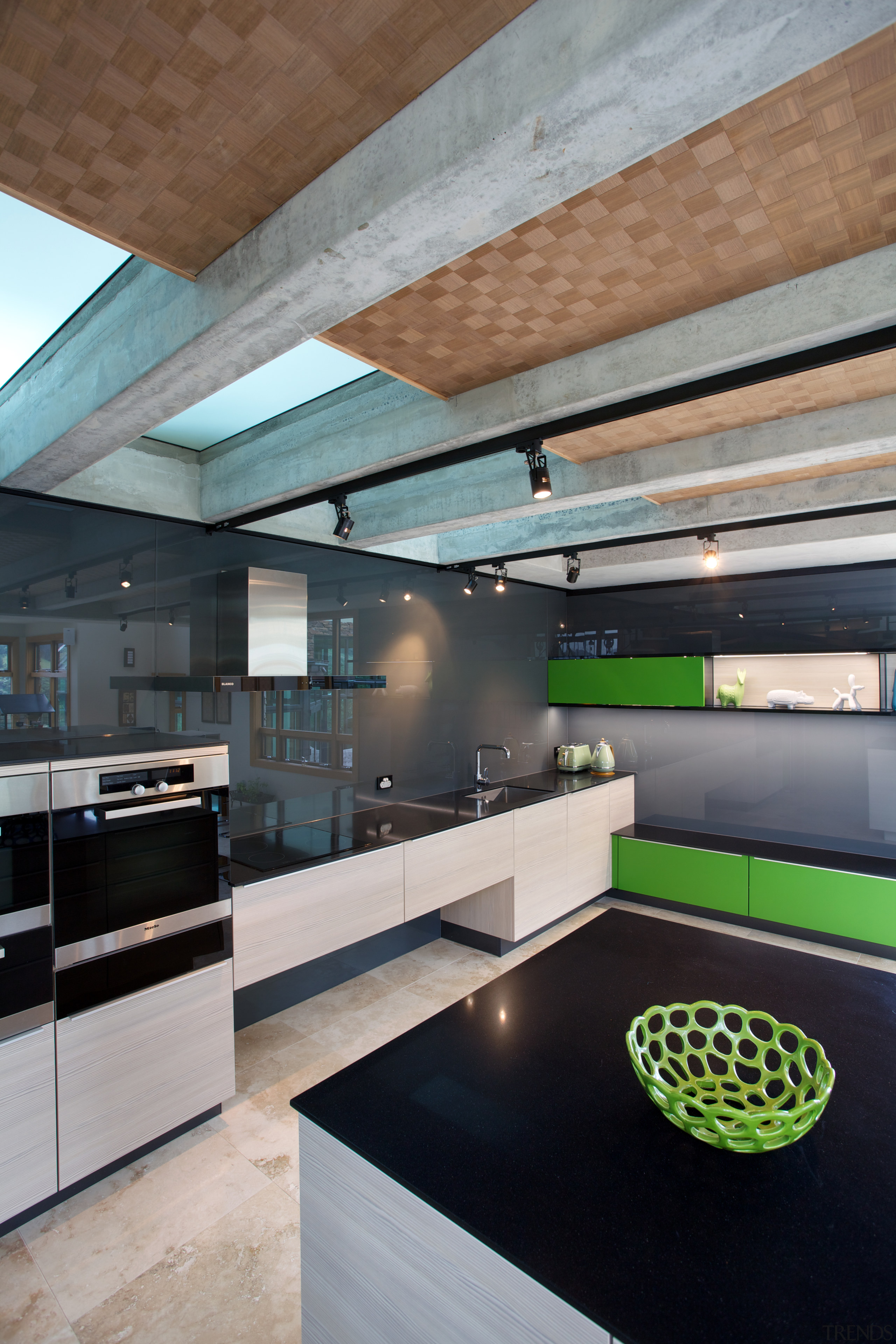 In this new Poggenpohl kitchen black glass and architecture, ceiling, countertop, daylighting, house, interior design, kitchen, loft, gray, black