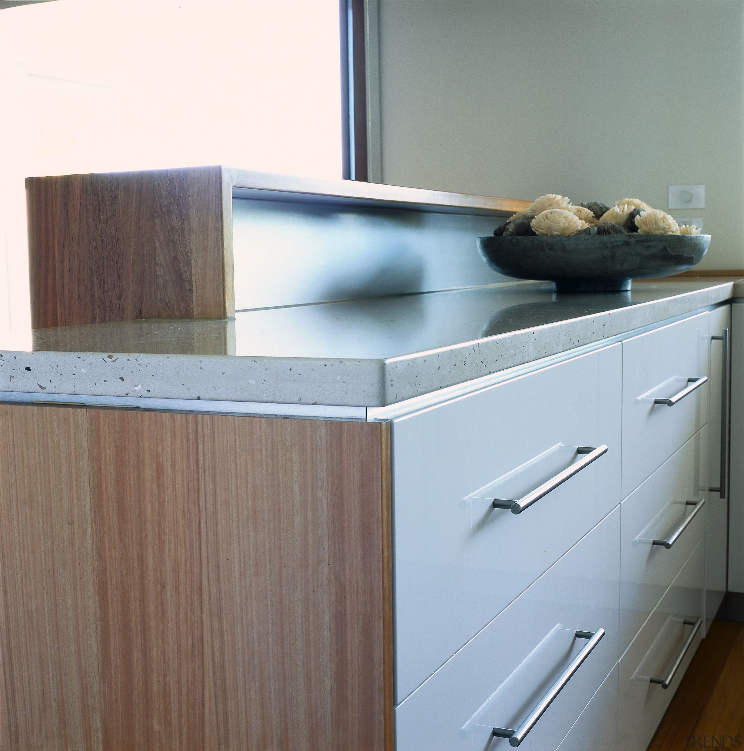 view of kitchen timber cabinetry and stainless steel bathroom accessory, cabinetry, chest of drawers, countertop, drawer, furniture, home appliance, kitchen, kitchen stove, sink, wood, wood stain, gray