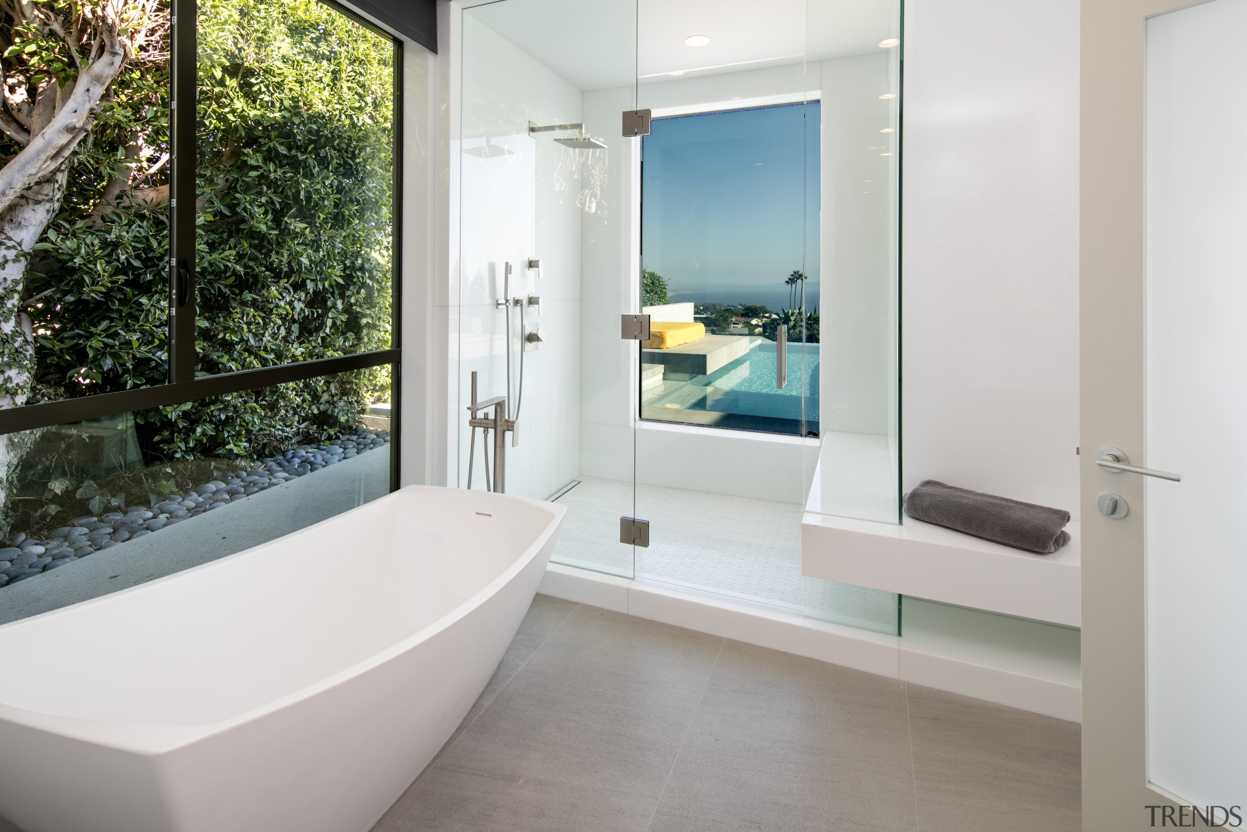 Placing the shower next to the window in bathroom, estate, floor, interior design, property, real estate, room, window, white