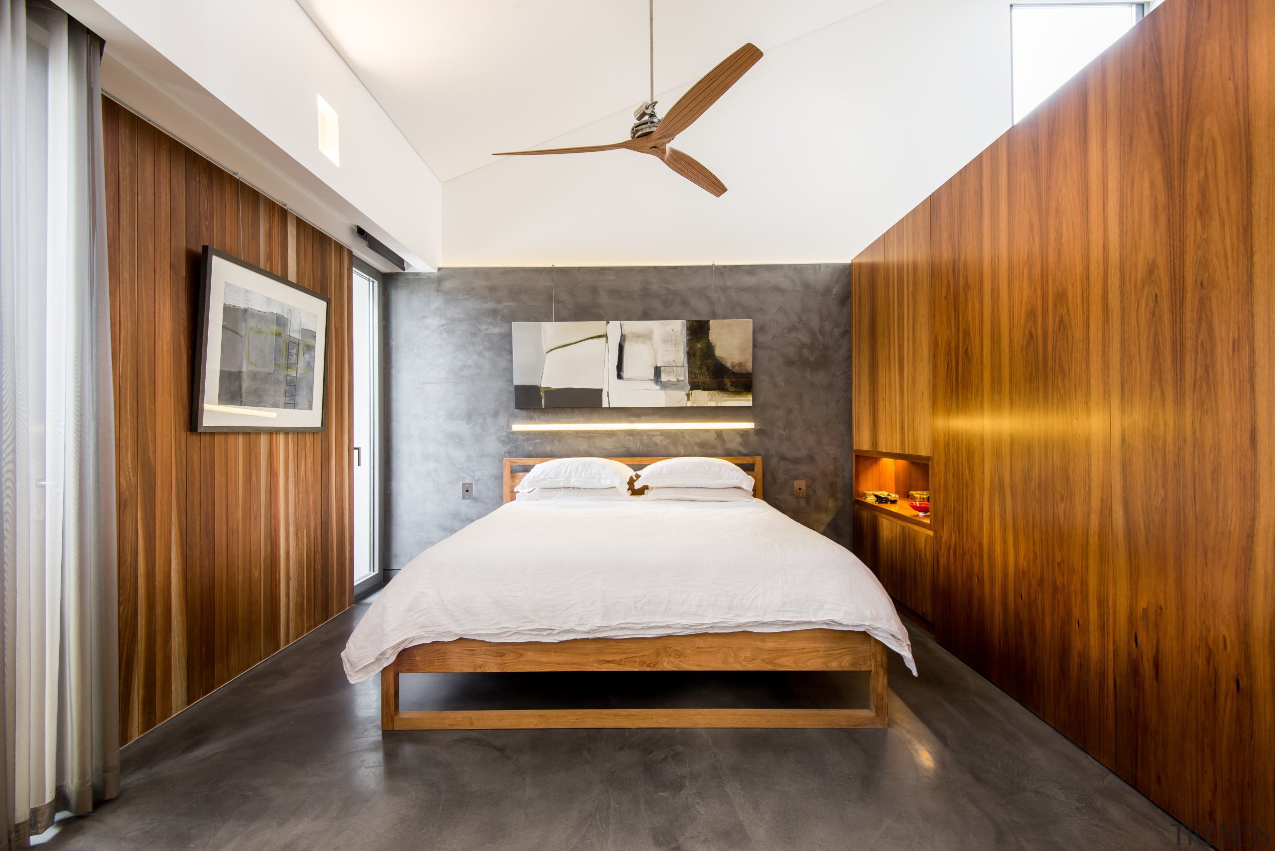 Polished plaster walls, concrete floors and a rich architecture, bed frame, bedroom, ceiling, floor, interior design, real estate, room, suite, wall, wood, white, brown