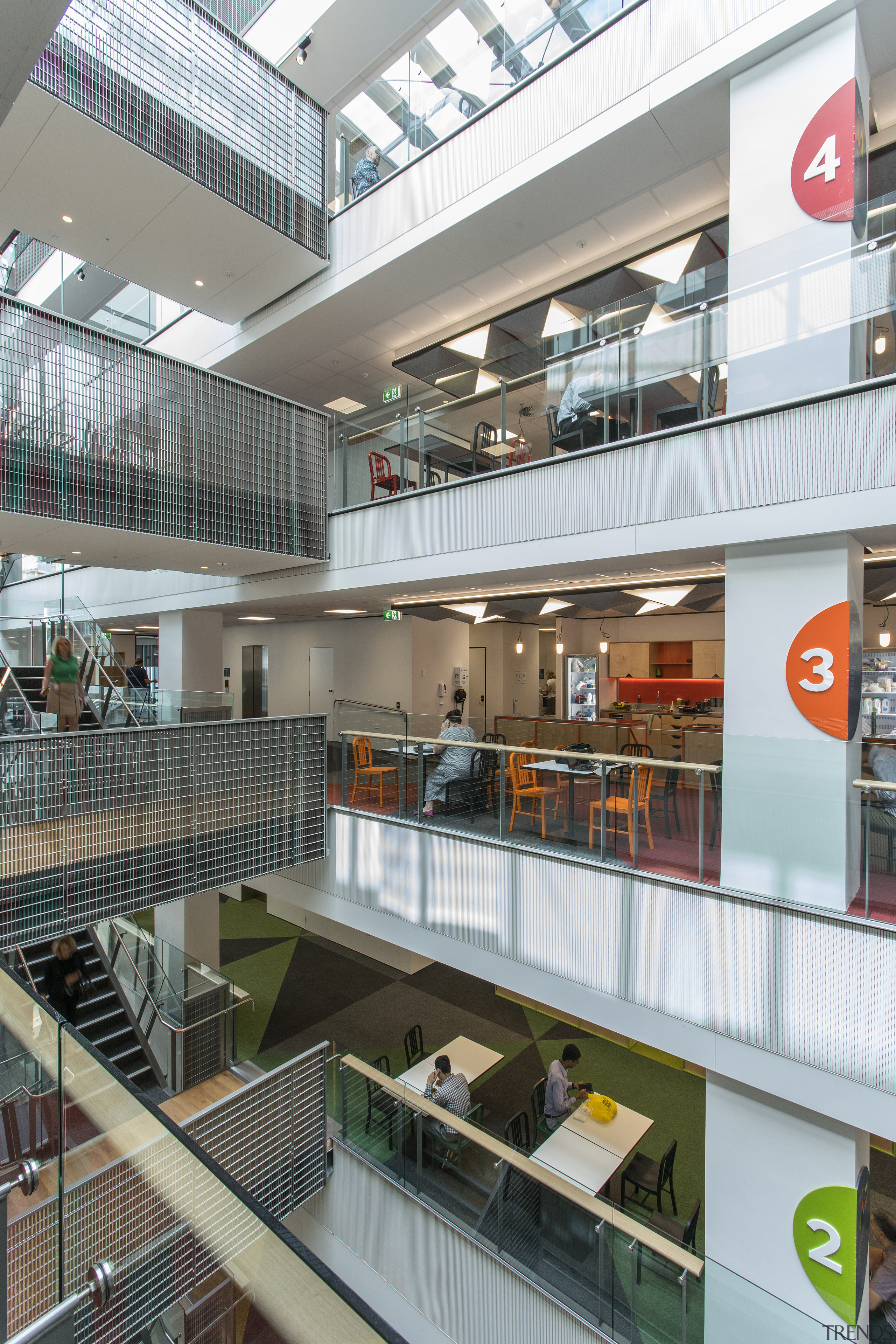 Aluminium mesh balustrades on the bridges spanning the building, interior design, mixed use, retail, shopping mall, white, gray