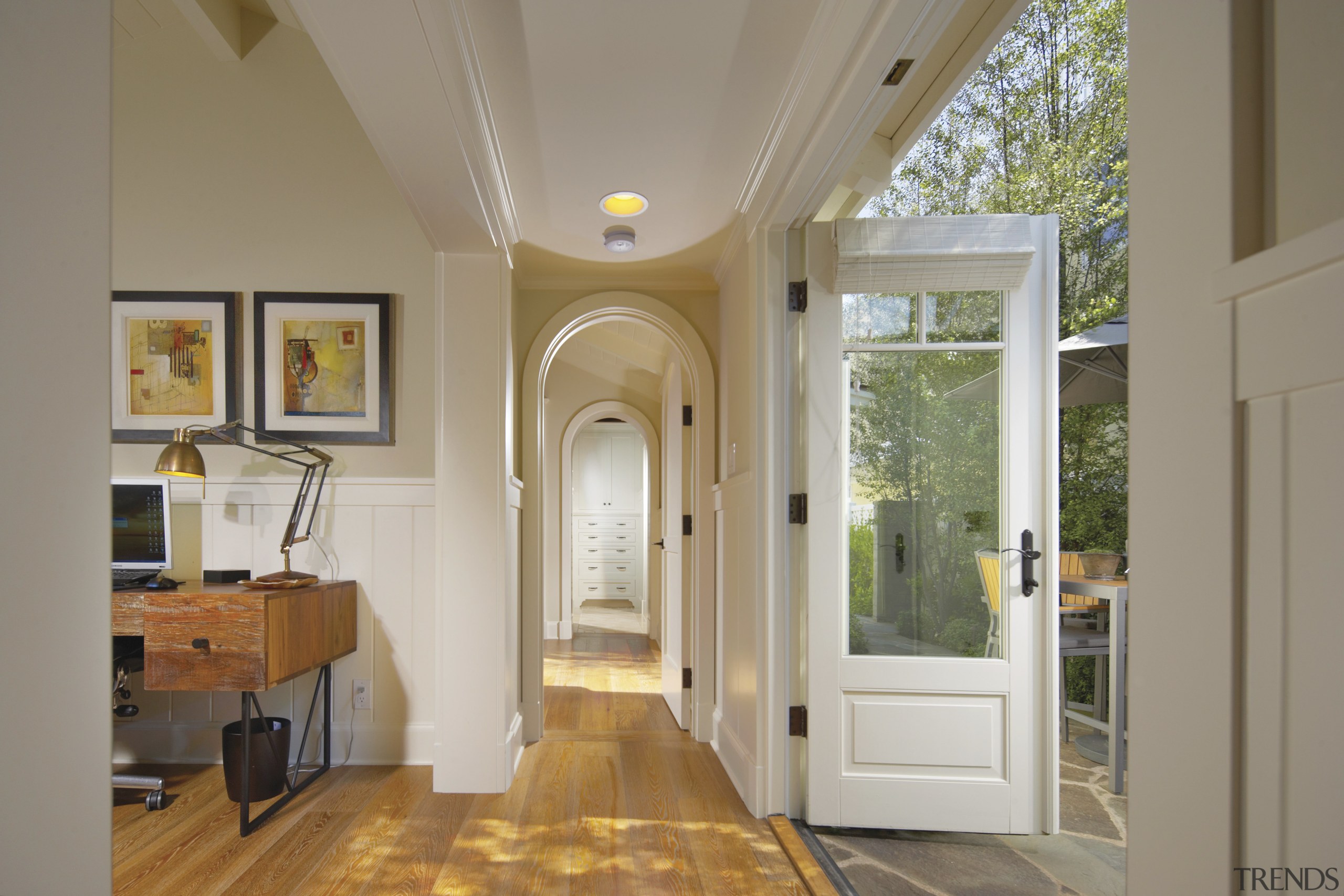 A new passage addition links the original hallway ceiling, daylighting, door, estate, floor, flooring, hardwood, home, interior design, molding, property, real estate, wall, window, wood flooring, gray, brown