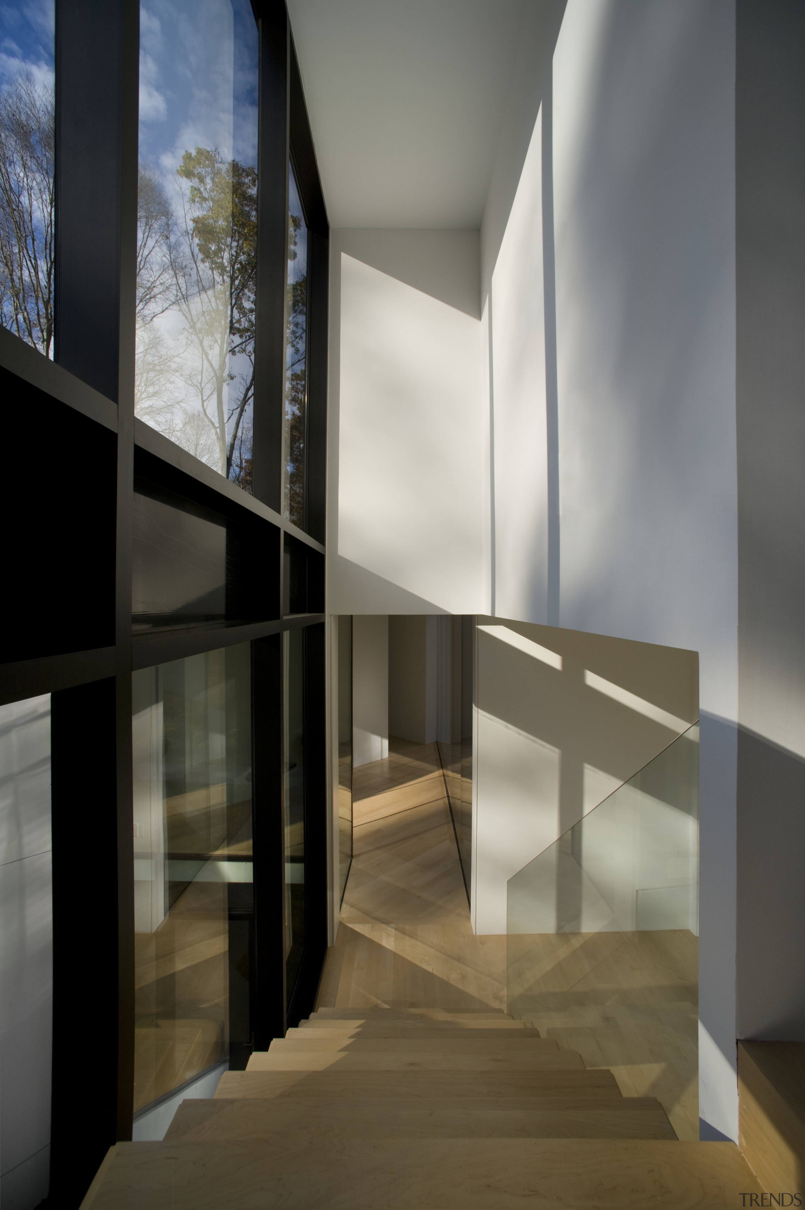 View of stairway at this contemporary home. - architecture, daylighting, glass, house, interior design, gray, brown