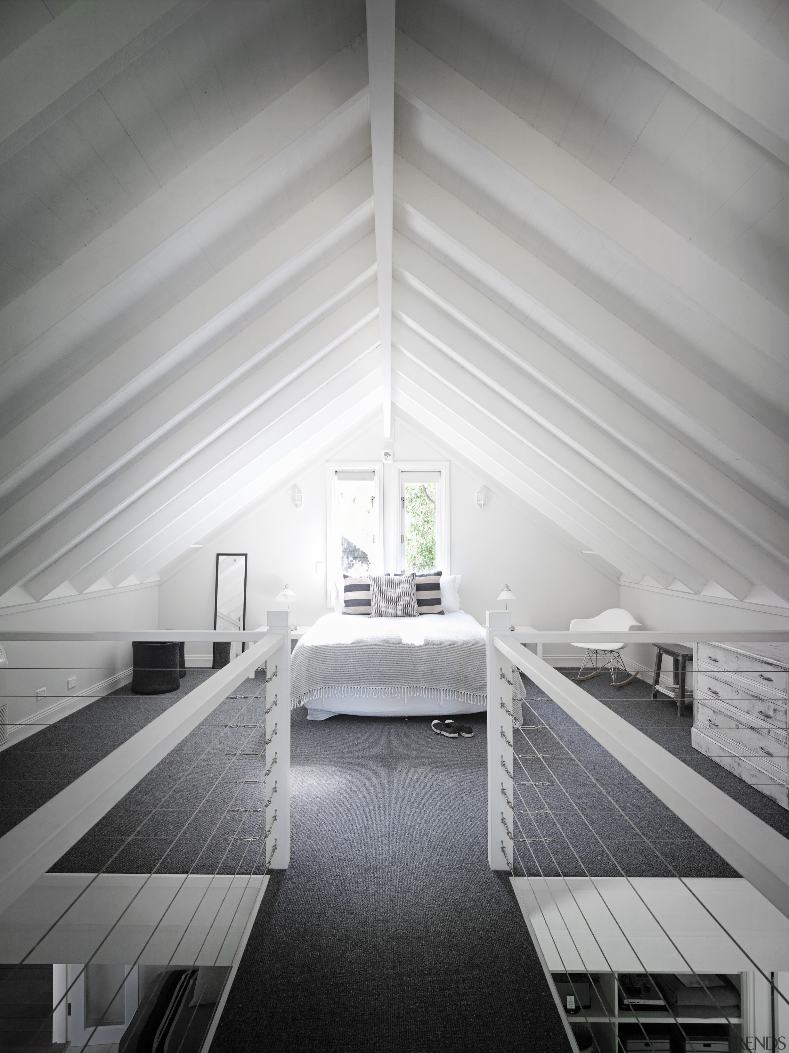 This house was renovated by Connor &amp; Solomon apartment, architecture, black and white, ceiling, daylighting, daytime, floor, home, house, interior design, line, structure, symmetry, window, gray, white