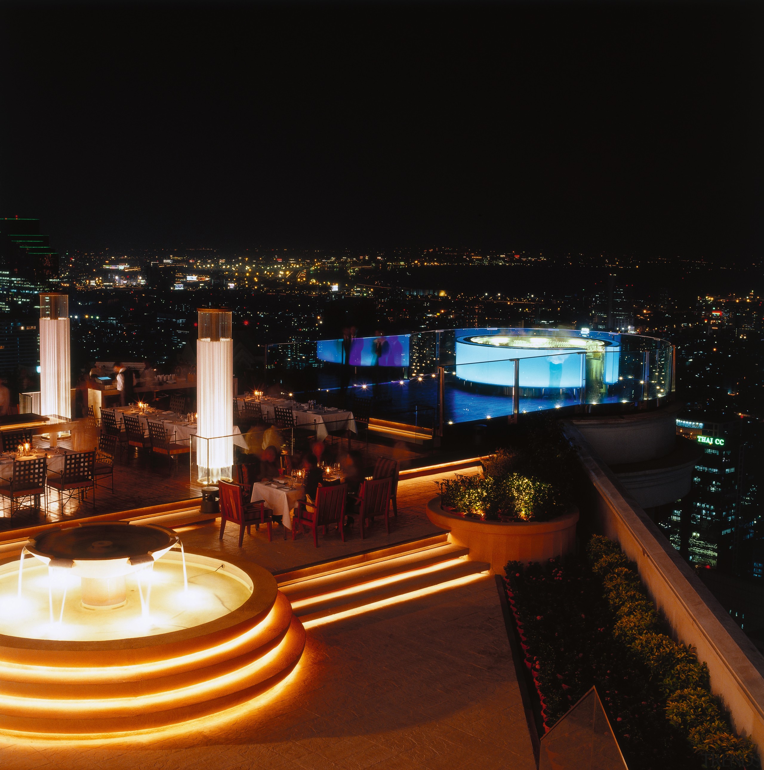 Broad view of the restaurant - Broad view architecture, city, cityscape, hotel, lighting, night, reflection, sky, black