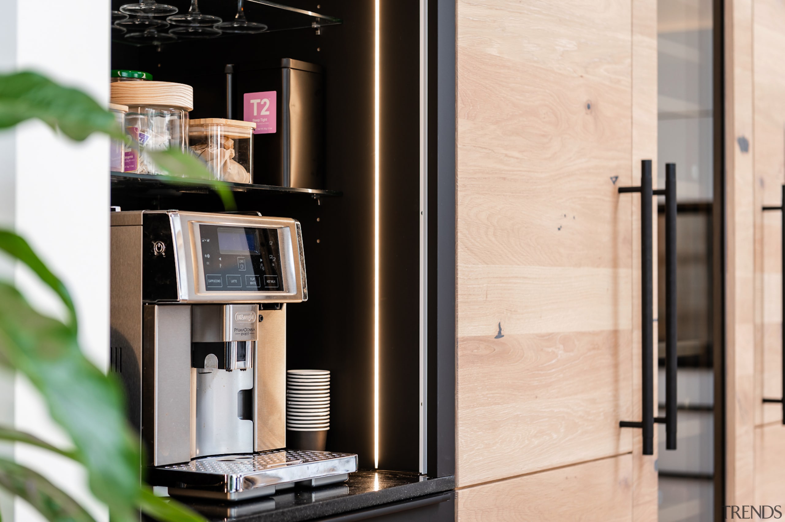 The drinks/coffee station lives behind closed doors. 