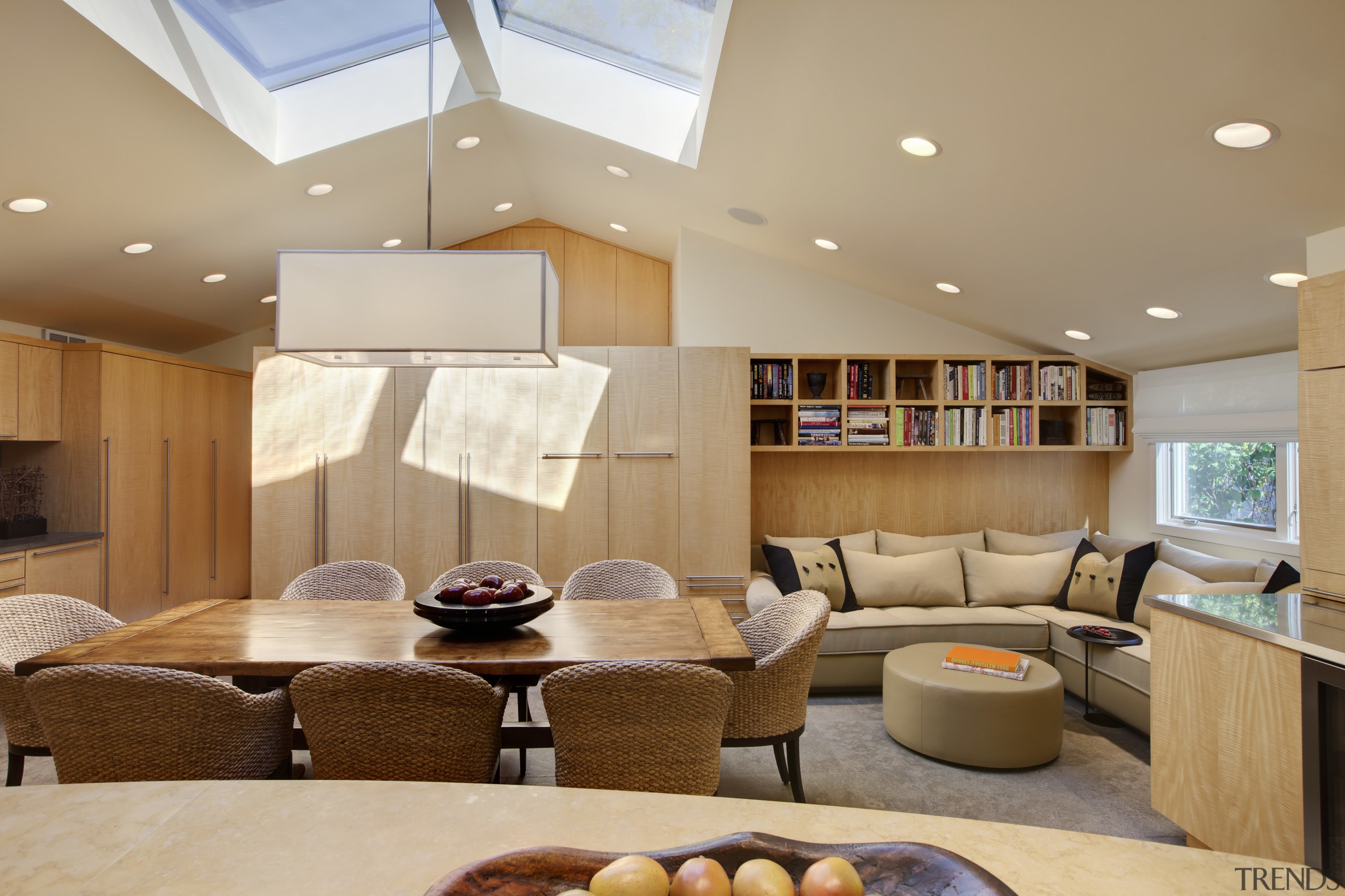 View of dining and living area with customised ceiling, interior design, living room, room, orange, brown