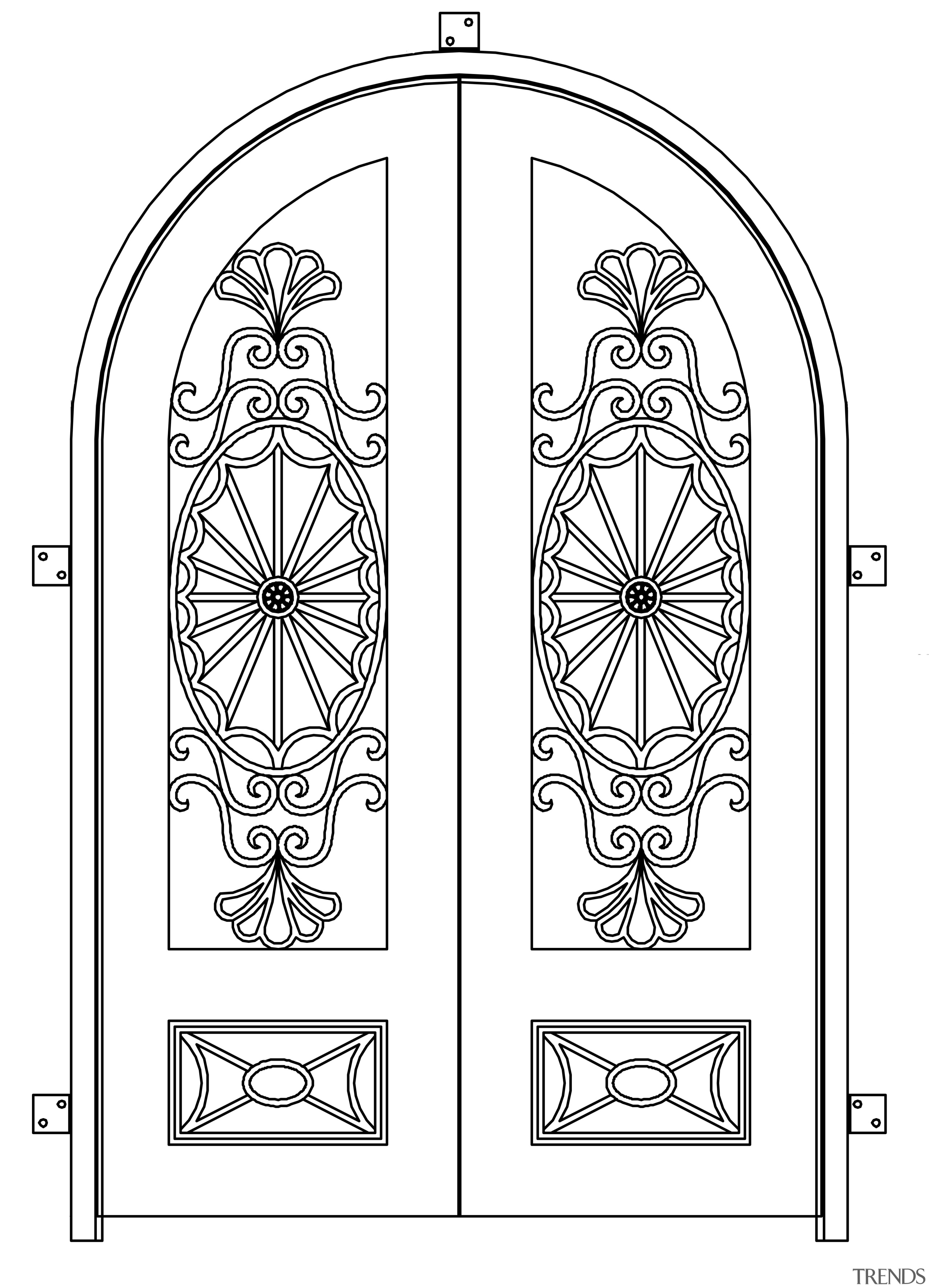 Architectural view of an Iron door design - arch, area, black and white, design, drawing, font, line, monochrome, pattern, structure, white