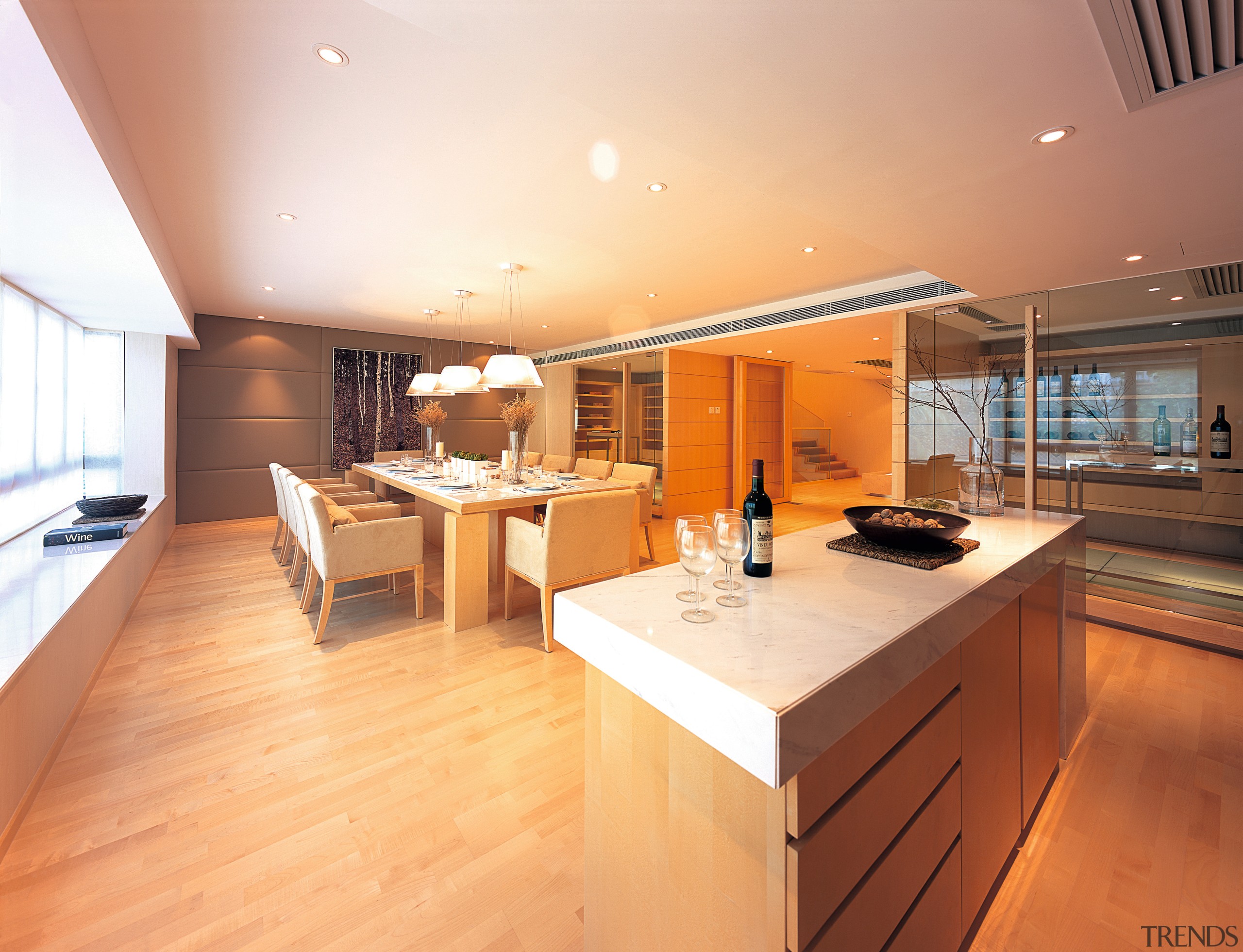 A view of the dining area with a ceiling, countertop, floor, flooring, hardwood, interior design, kitchen, real estate, room, wood, wood flooring, orange