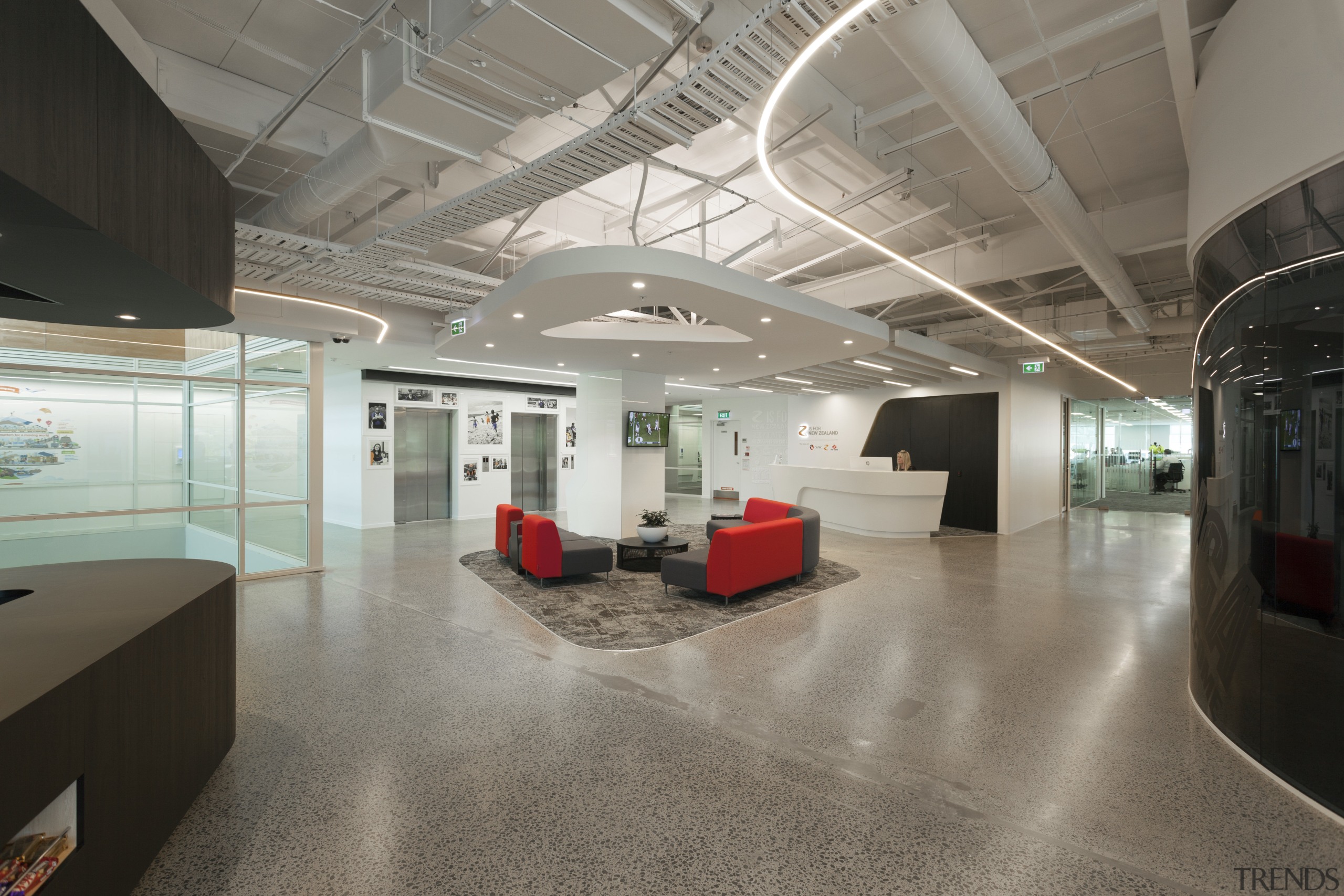 Curved architectural insertions in the Z Energy office architecture, ceiling, floor, interior design, lobby, office, gray