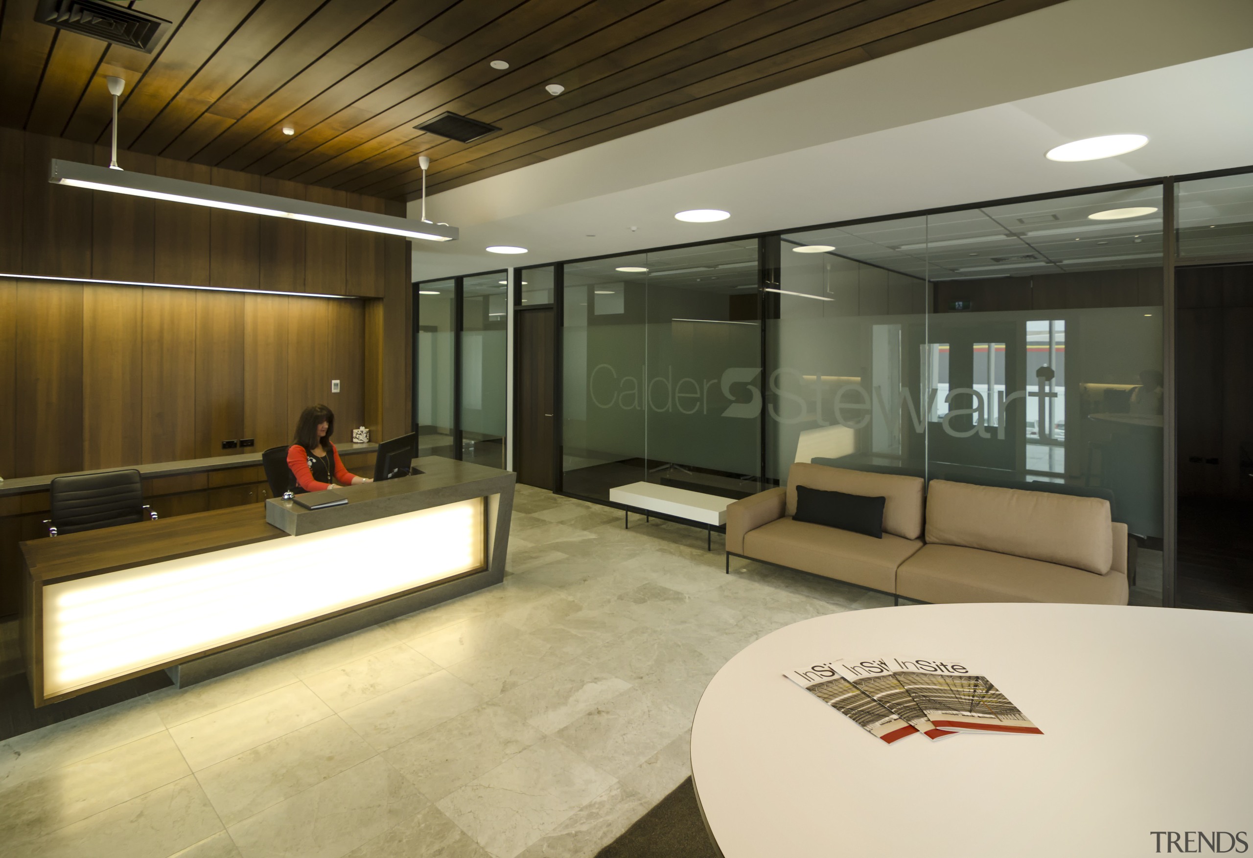 AON Office showcase and home for builder Calder ceiling, glass, interior design, lobby, real estate, brown