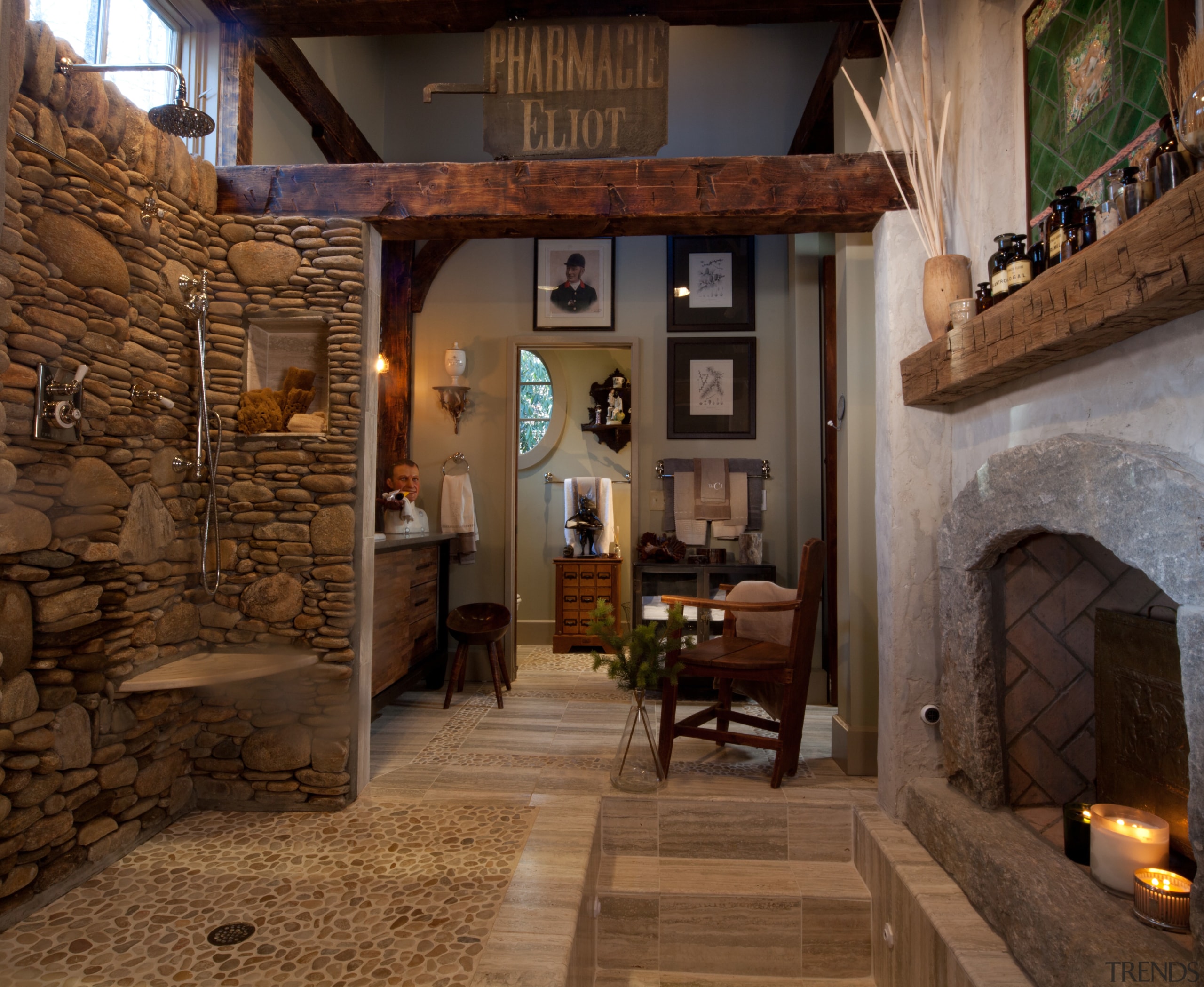 The sunken tub in front of the fireplace home, interior design, wood, brown