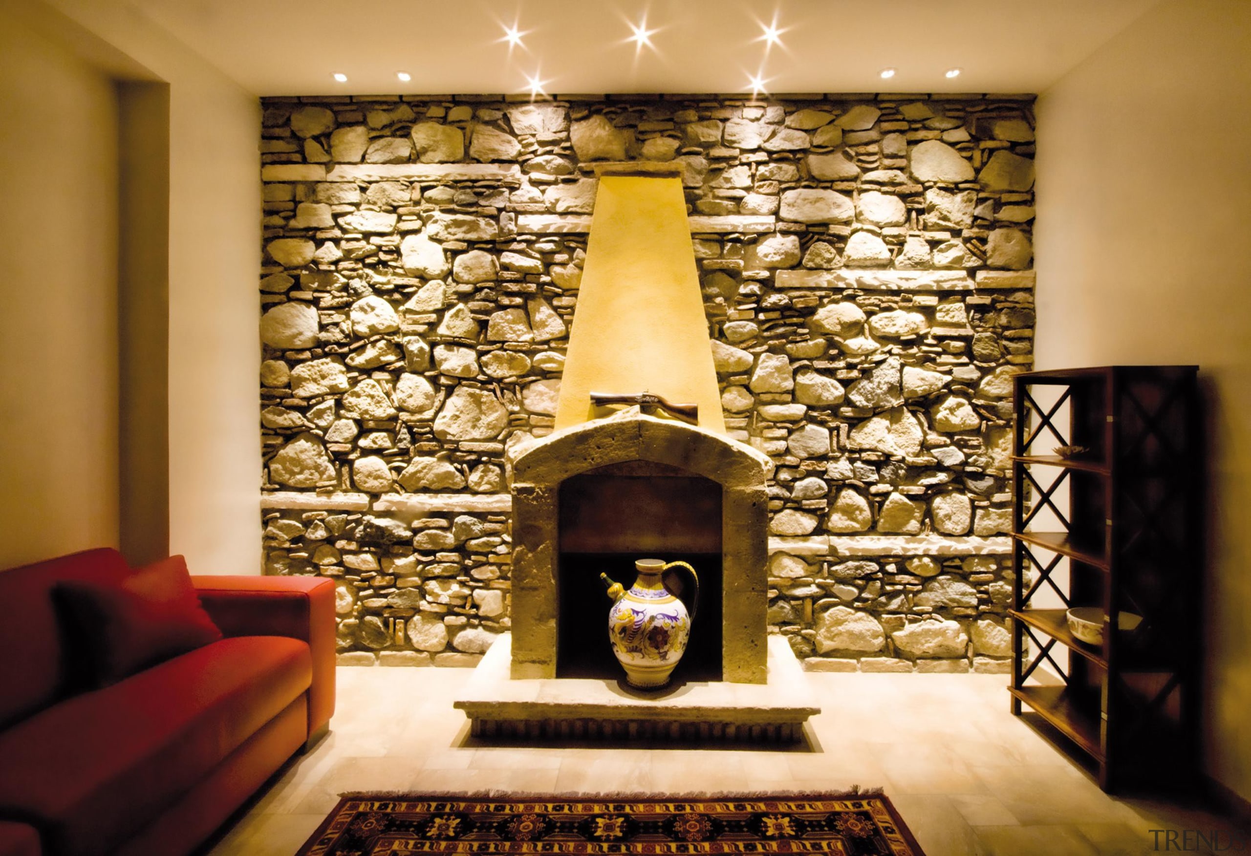 LED Lights - ceiling | fireplace | hearth ceiling, fireplace, hearth, interior design, living room, lobby, wall, orange, brown