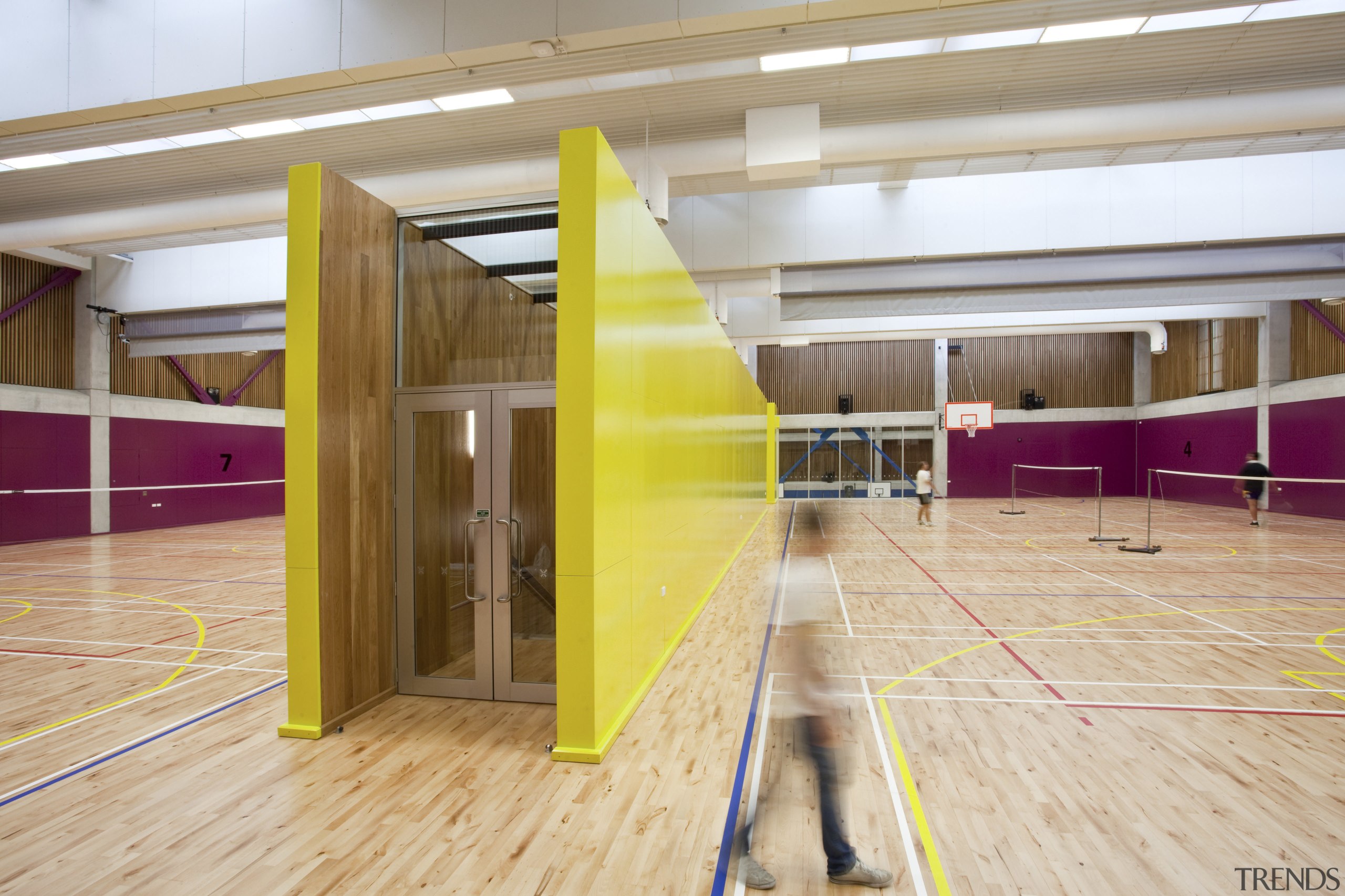 Indoor basketball court with lime and purple walls. architecture, floor, flooring, leisure centre, sport venue, sports, structure, wood, yellow, gray