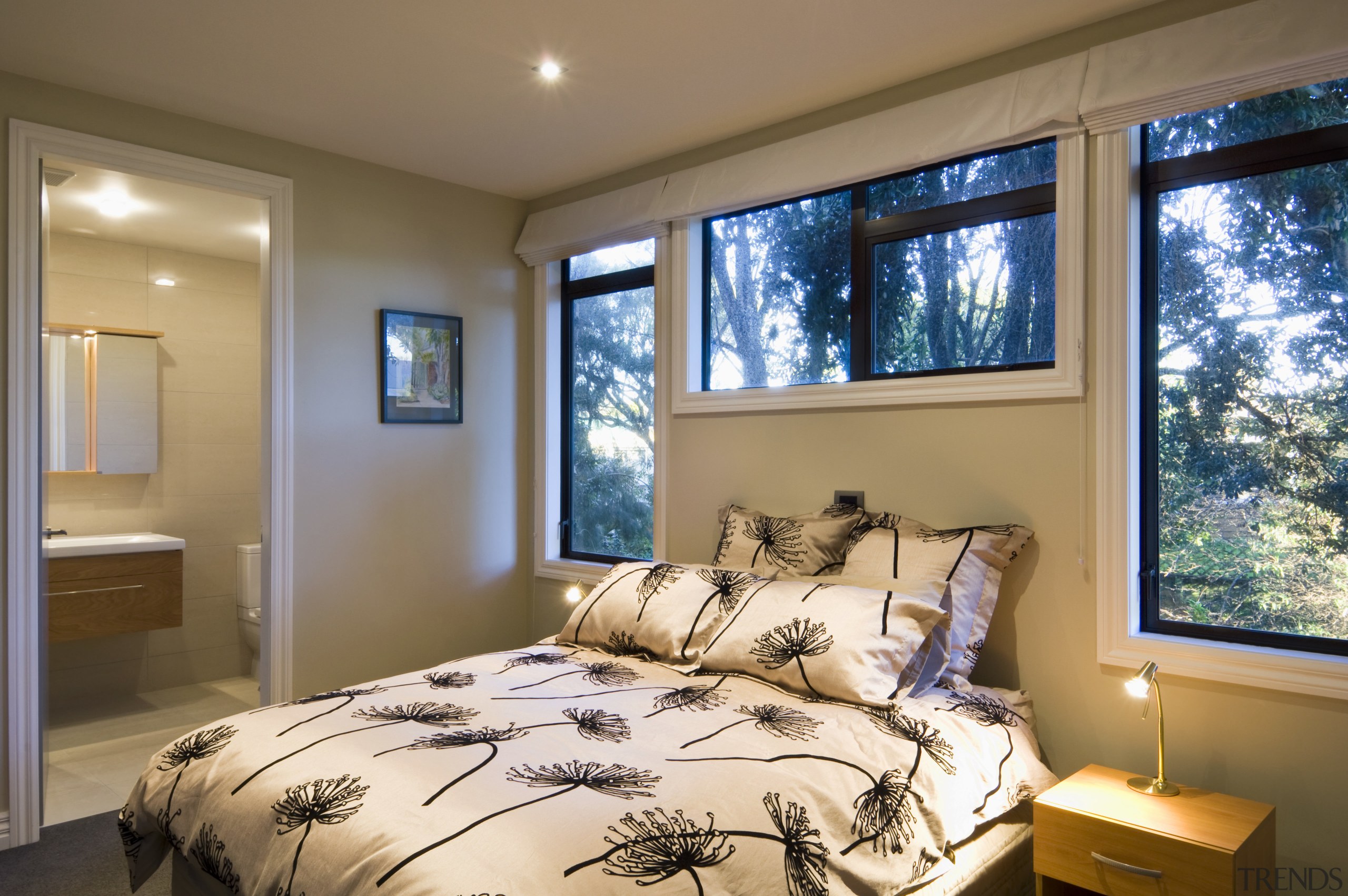 View of bedroom area which features Resene Zylone bed frame, bedroom, ceiling, home, interior design, real estate, room, wall, window, brown