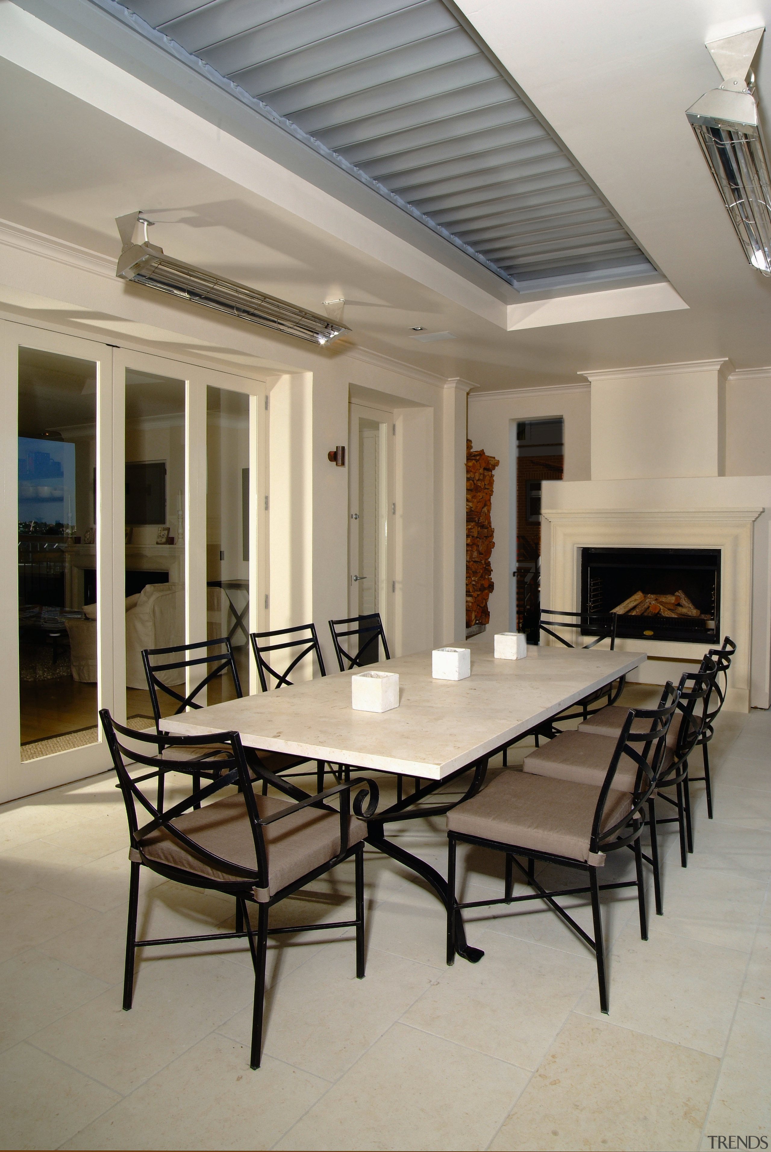Dining room with wrought iron table and chairs ceiling, chair, daylighting, dining room, estate, floor, flooring, furniture, interior design, real estate, table, window, gray