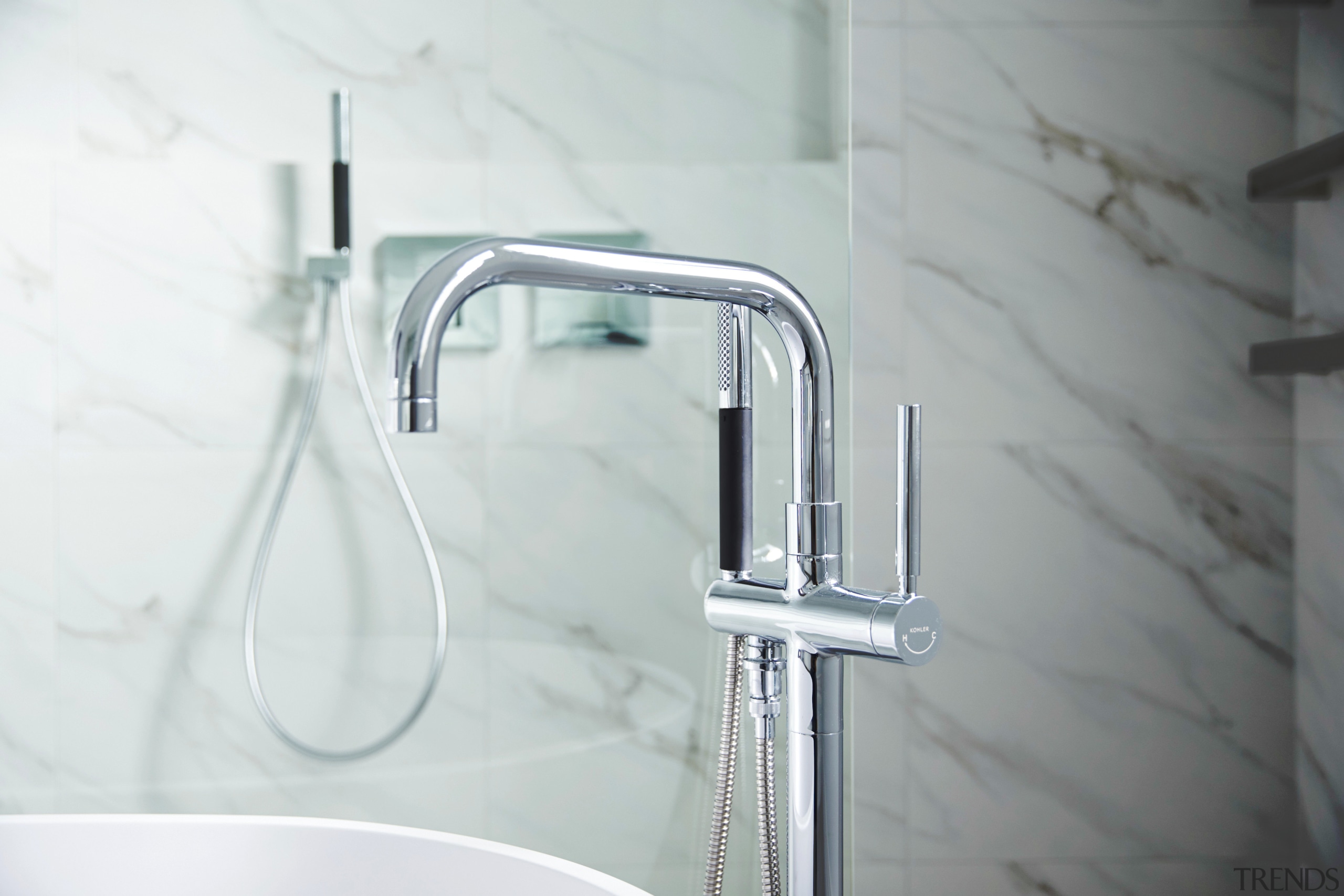 Minimalist chrome tapware provides a modern accent in plumbing fixture, product design, tap, gray, white