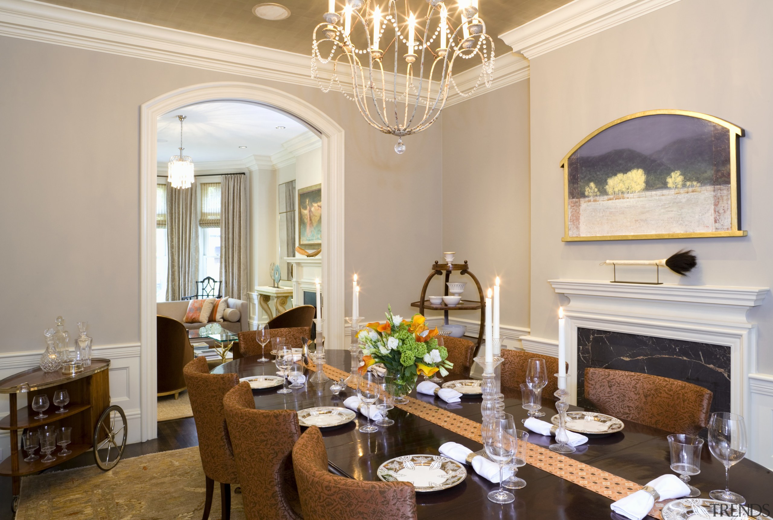 vie of dining room featuring chandelier, dining furniture, ceiling, dining room, estate, home, interior design, living room, real estate, room, table, gray