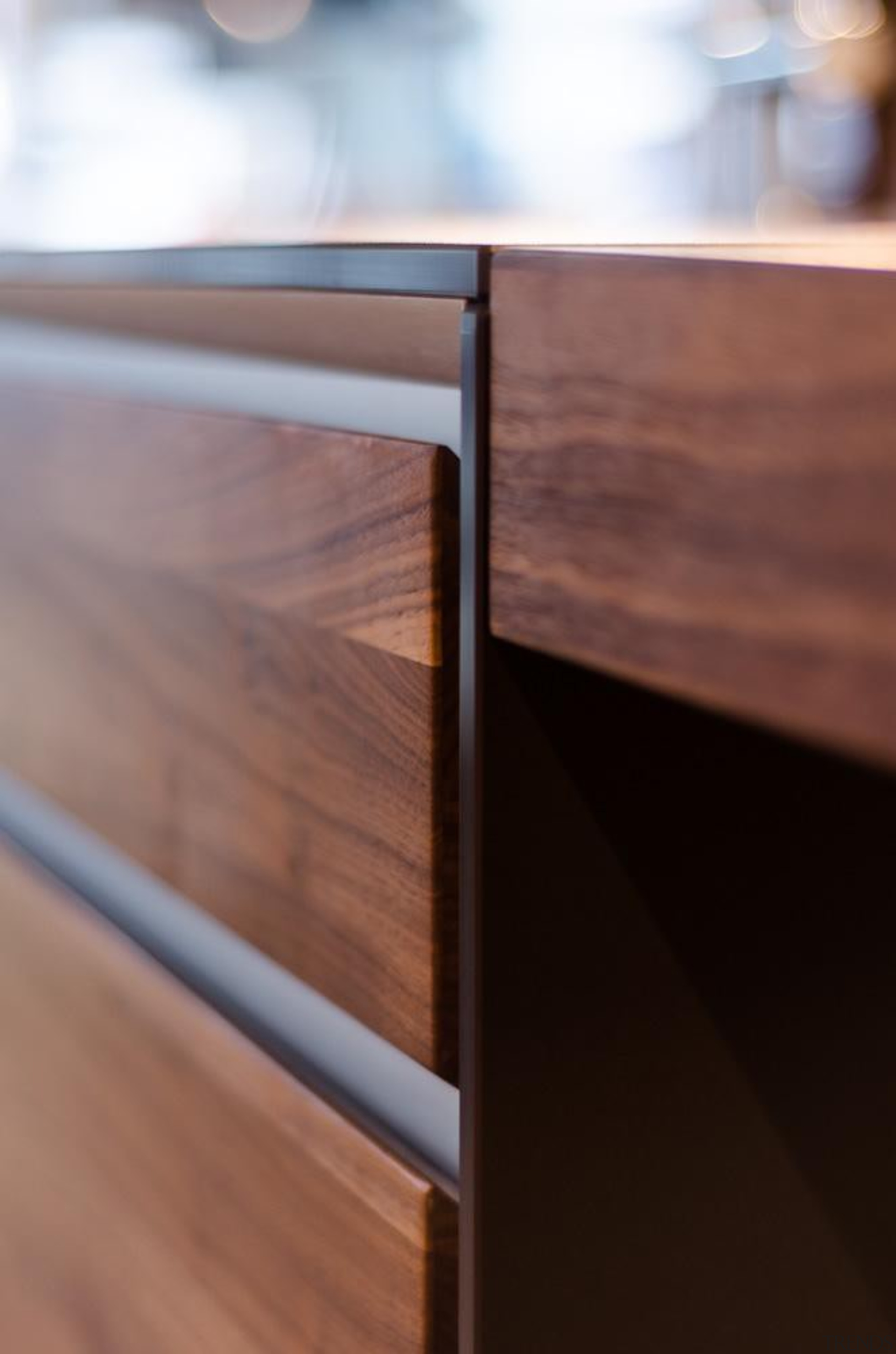 Pepper Design/ TEAM7 kitchen with Natural Walnut finish chest of drawers, desk, drawer, furniture, hardwood, sideboard, table, wood, wood stain, red, black