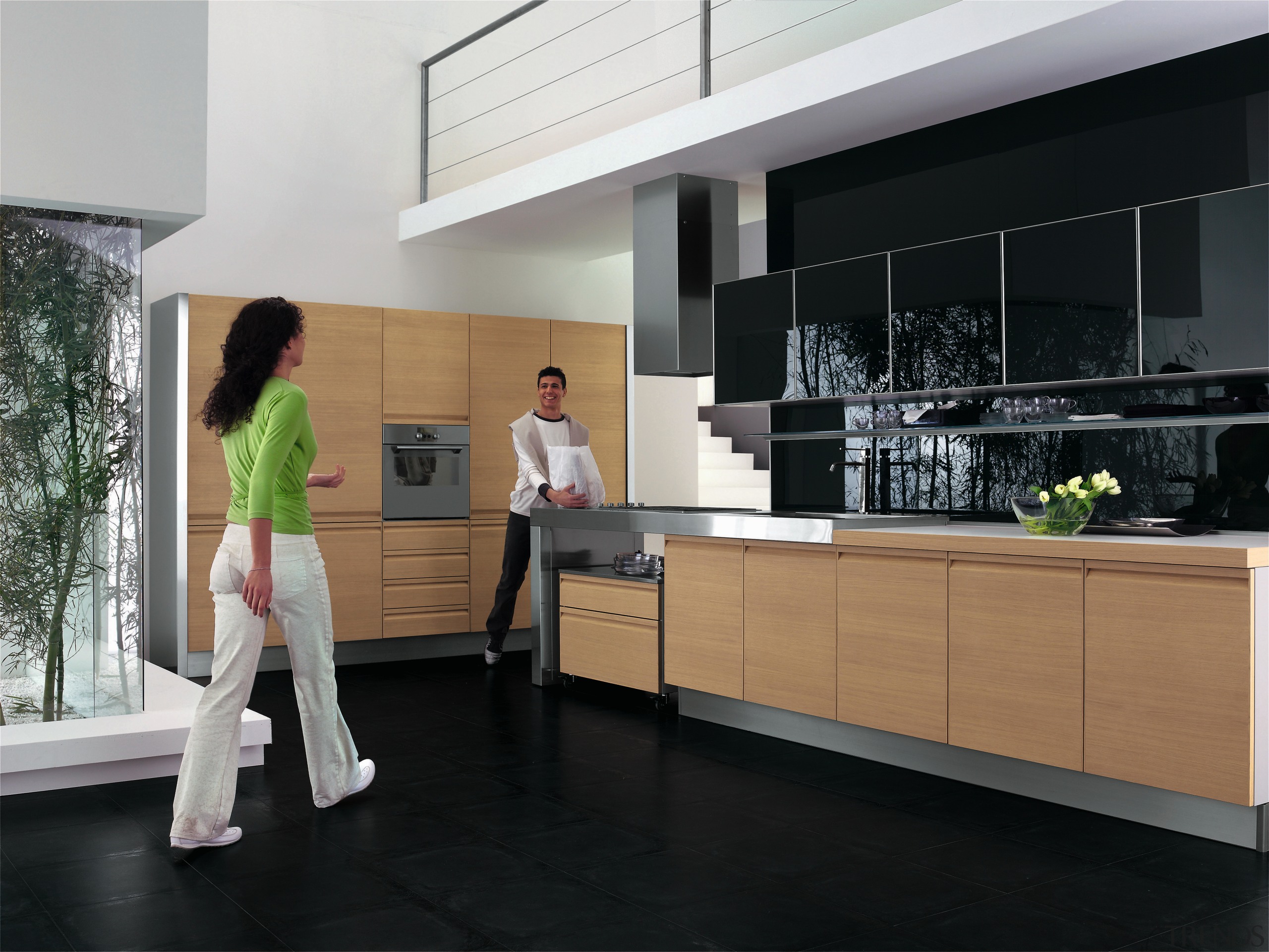 Kitchen with whitened oak on lower cabinets and countertop, floor, flooring, furniture, interior design, kitchen, product design, room, black