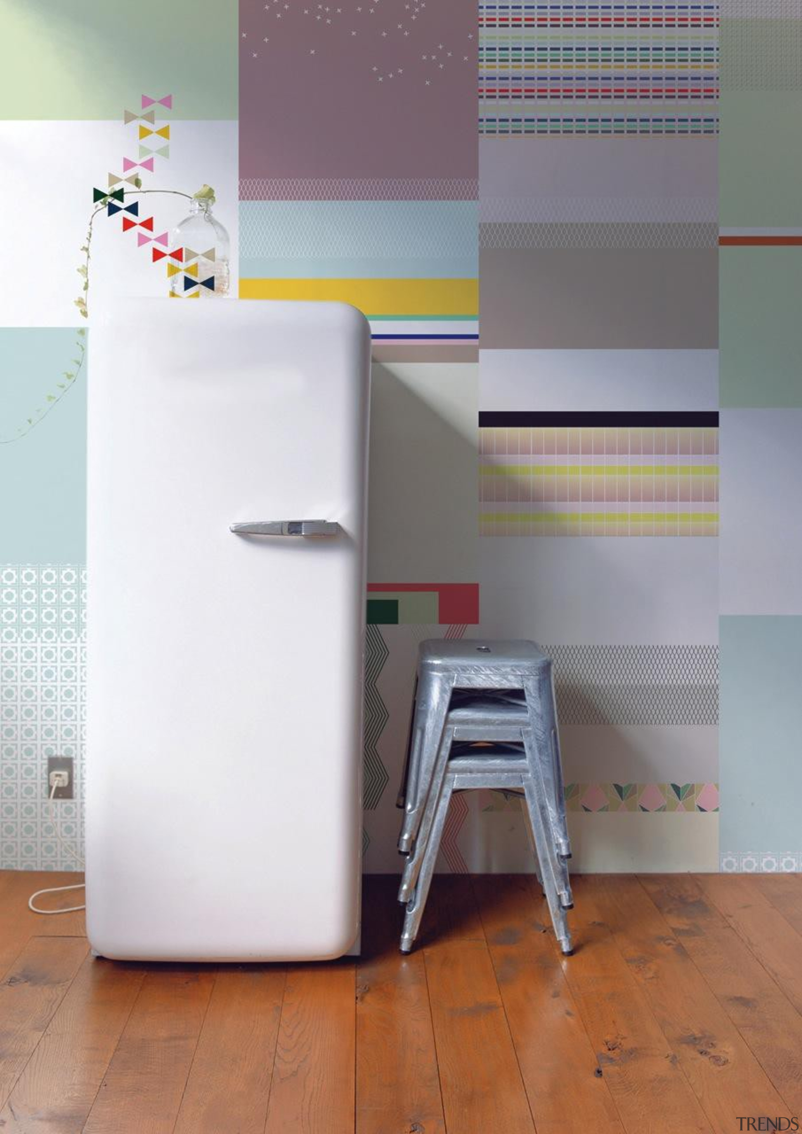 One of the challenges when putting up wallpaper floor, flooring, furniture, interior design, product, product design, shelf, shelving, table, tile, wall, gray, white