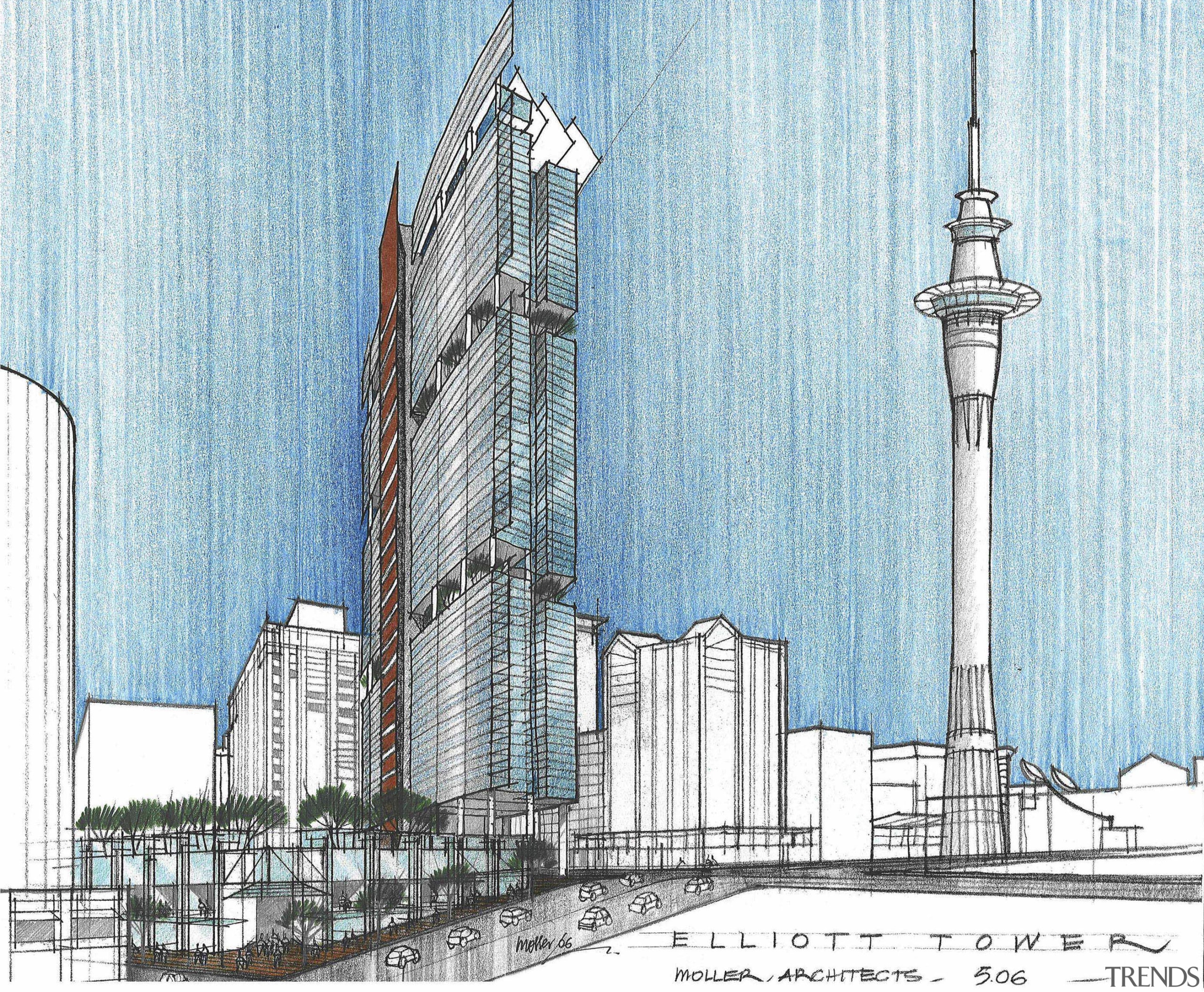 View of a conceptual drawing of the proposed architecture, building, landmark, metropolis, metropolitan area, mixed use, skyline, skyscraper, tower, tower block, white, teal