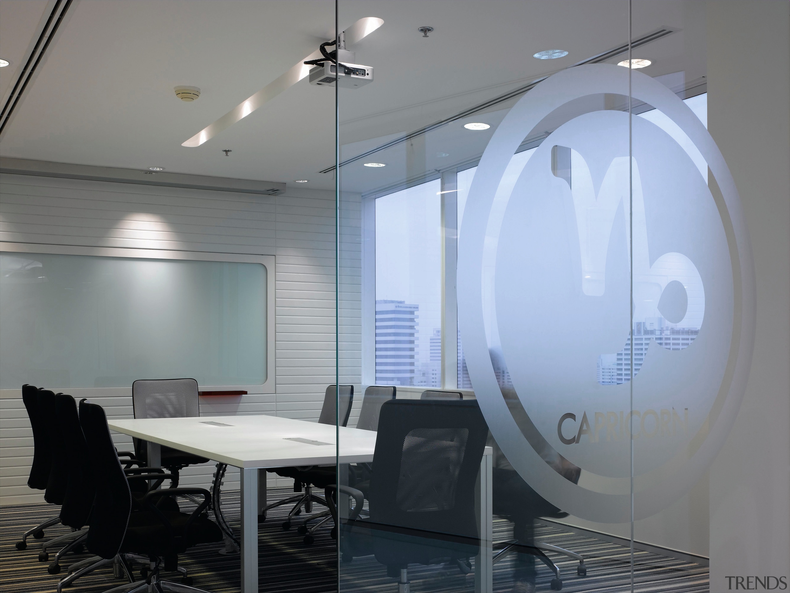 An interior view of the new HP office ceiling, daylighting, glass, interior design, light fixture, lighting, office, product design, table, gray