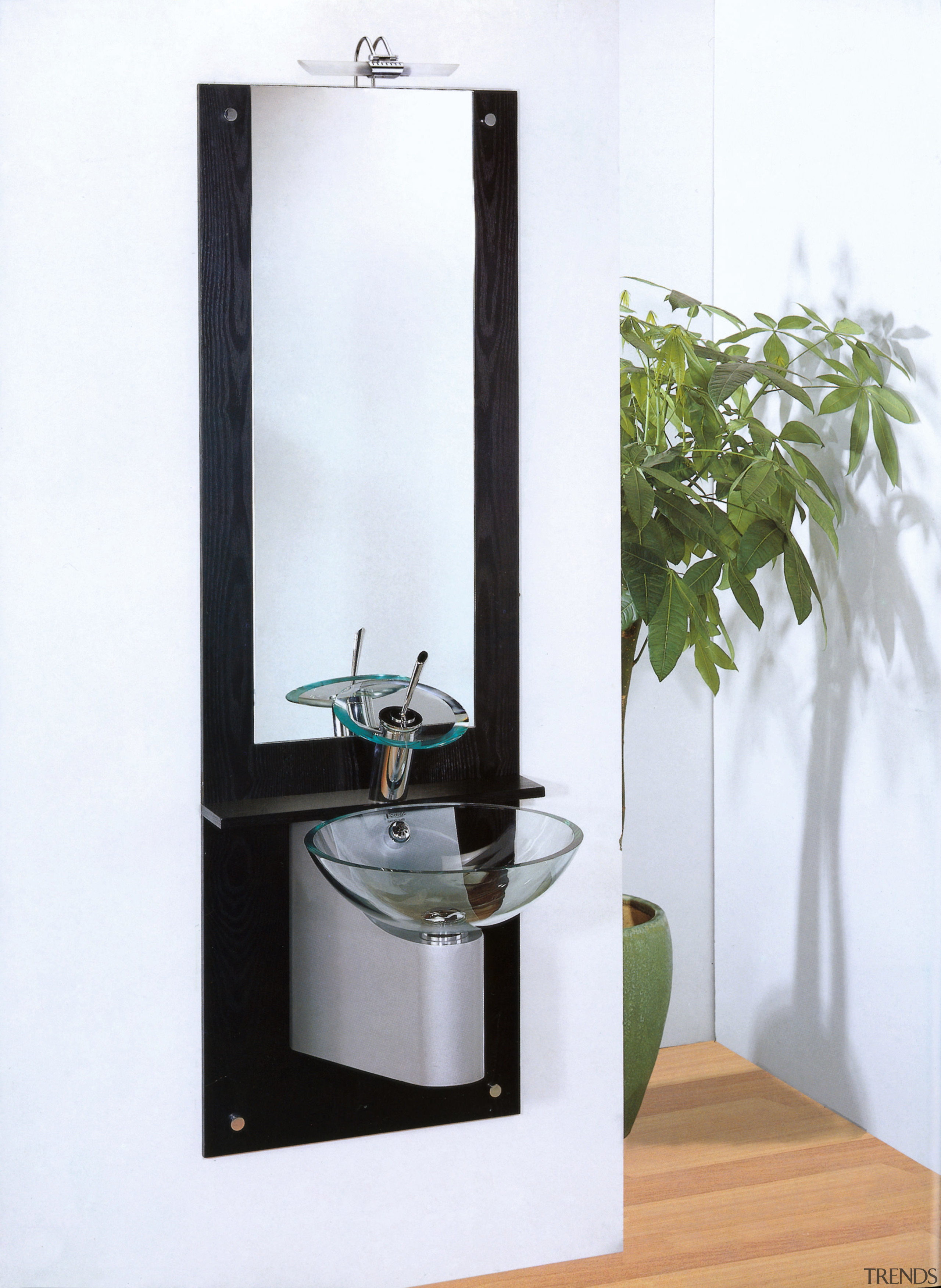 view of the inwall mounted glass basin/vanity - bathroom accessory, bathroom cabinet, plumbing fixture, product design, shelf, tap, white