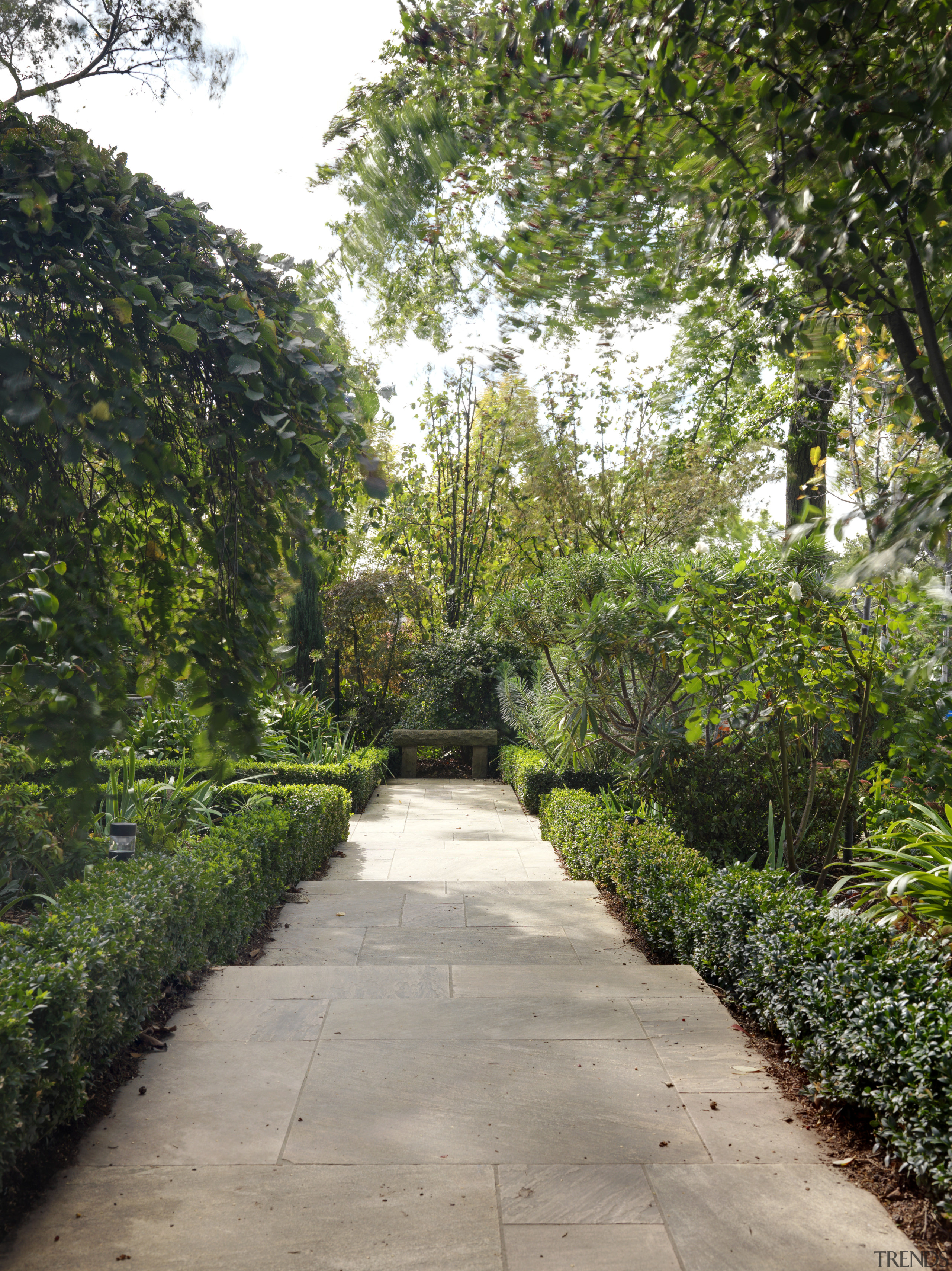 View of a landscaped garden which features a botanical garden, flora, garden, grass, landscape, leaf, nature, park, path, plant, road, road surface, shrub, trail, tree, vegetation, walkway, gray