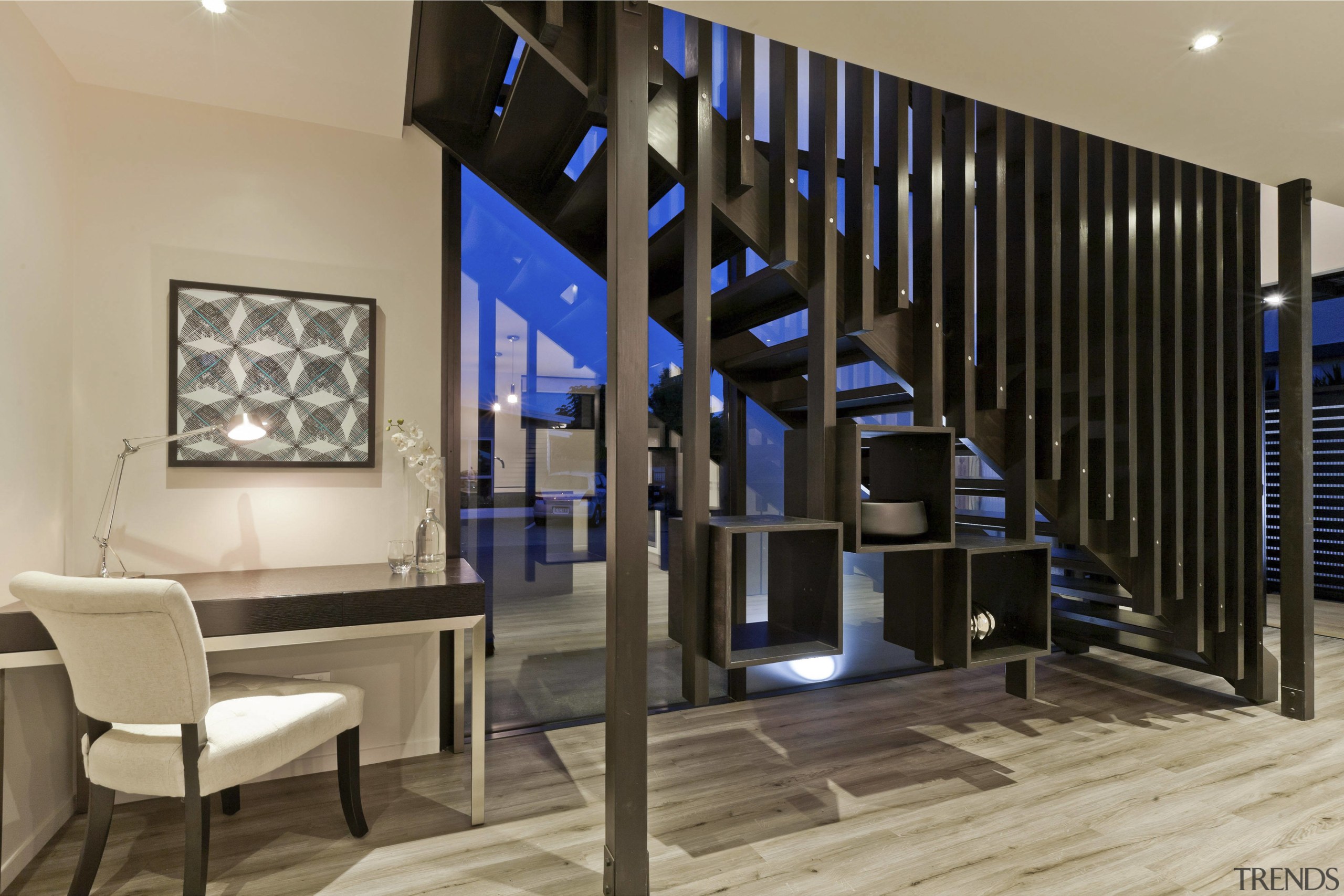 Outside the square  Smarter Smaller Home interiors flooring, interior design, lobby, stairs, orange, black