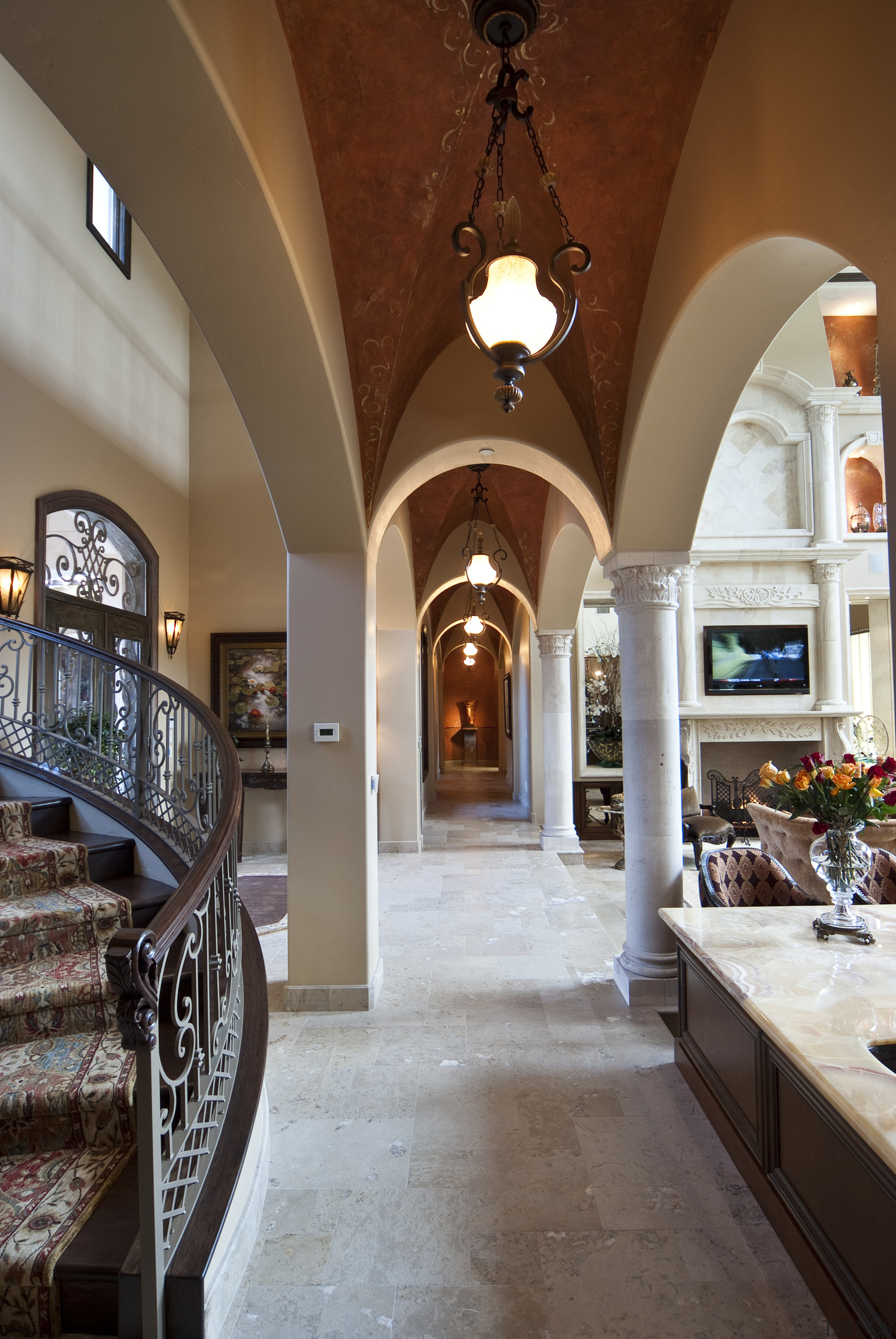 Hallway with pillars, arches and chandelier - Hallway arch, ceiling, estate, home, interior design, window, brown, gray