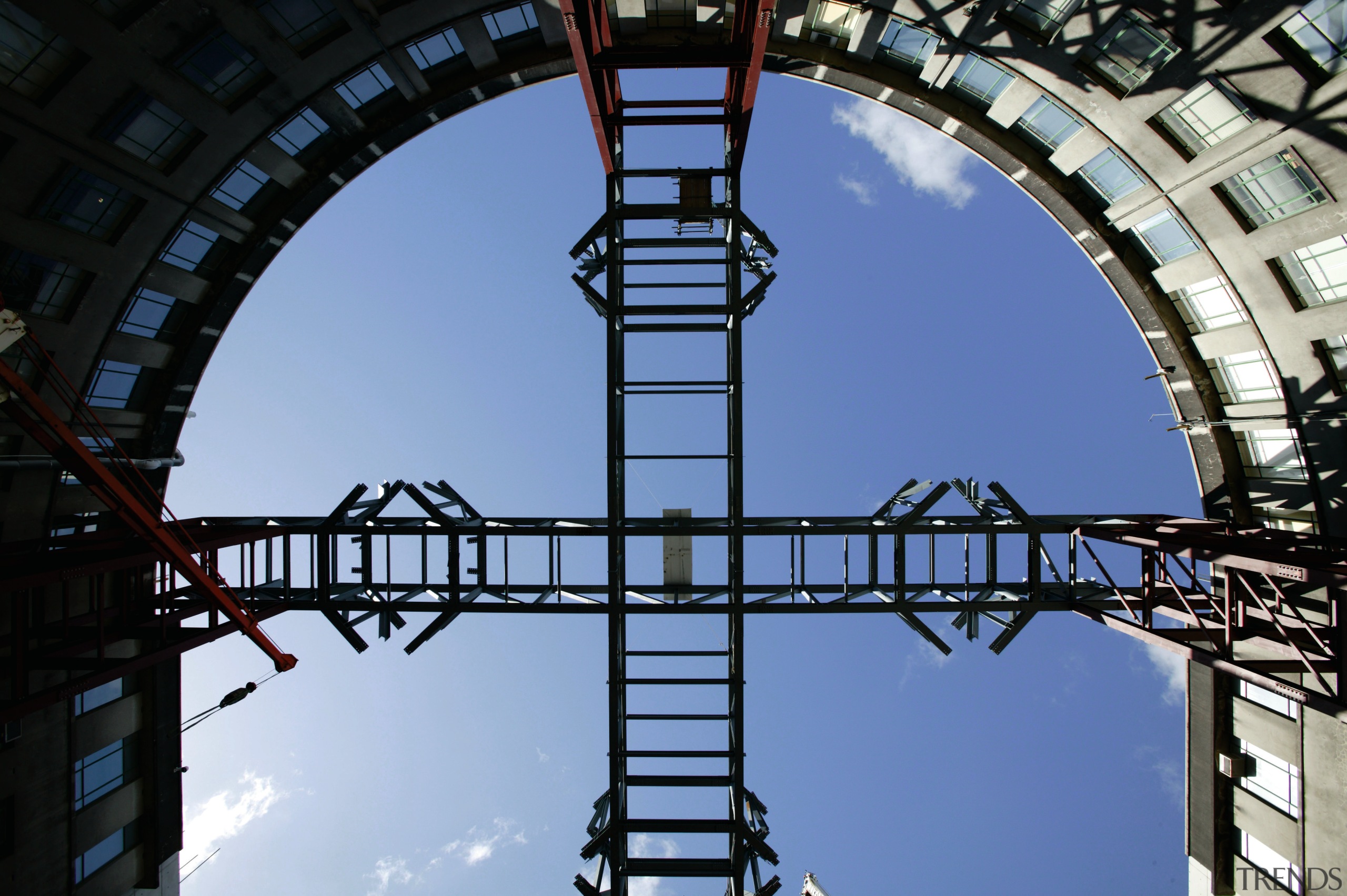 A view of the steel vault ceiling being amusement ride, architecture, building, fixed link, iron, landmark, sky, structure, symmetry, tourist attraction, blue, black